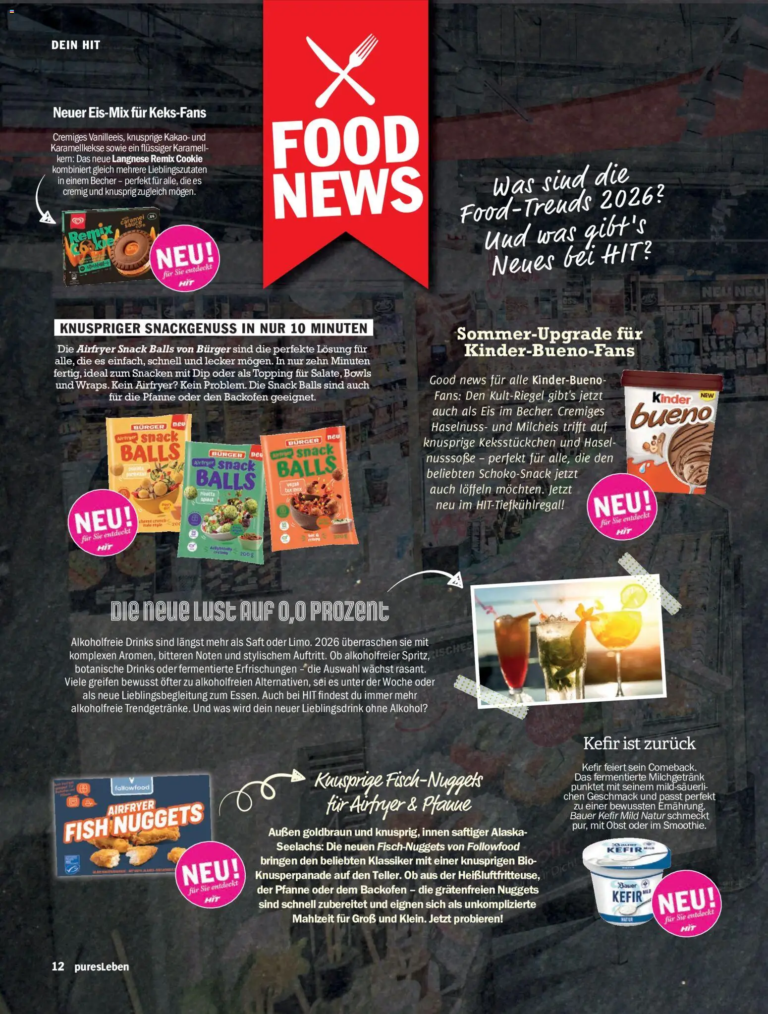 HIT pures Leben 03/2026 – gültig ab 01.07.2026 | Seite: 12 | Produkte: Burger, Kinder bueno, Obst, Saft