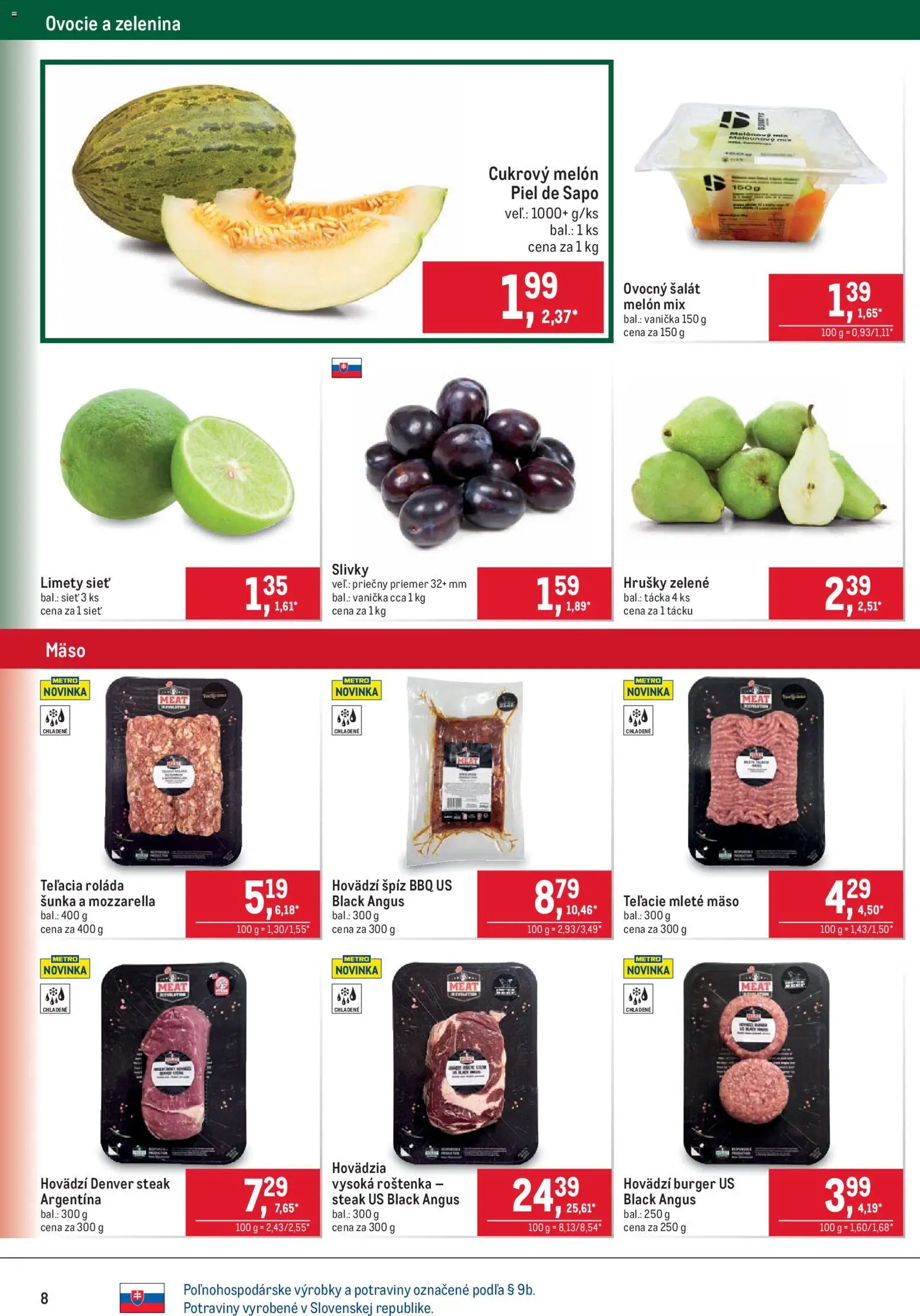Nové Metro akcie – leták je platný od 26.08.2026 | Strana: 8 | Produkty: Šunka, Mozzarella, Slivky, Roštenka