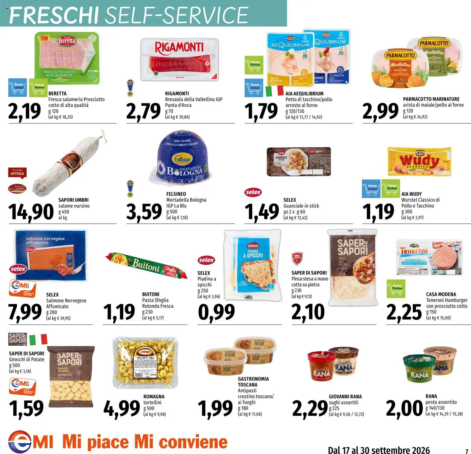 Volantino EMI del 17/09/2026 | Pagina: 7 | Prodotti: Piadina, Mortadella, Hamburger, Senza lattosio