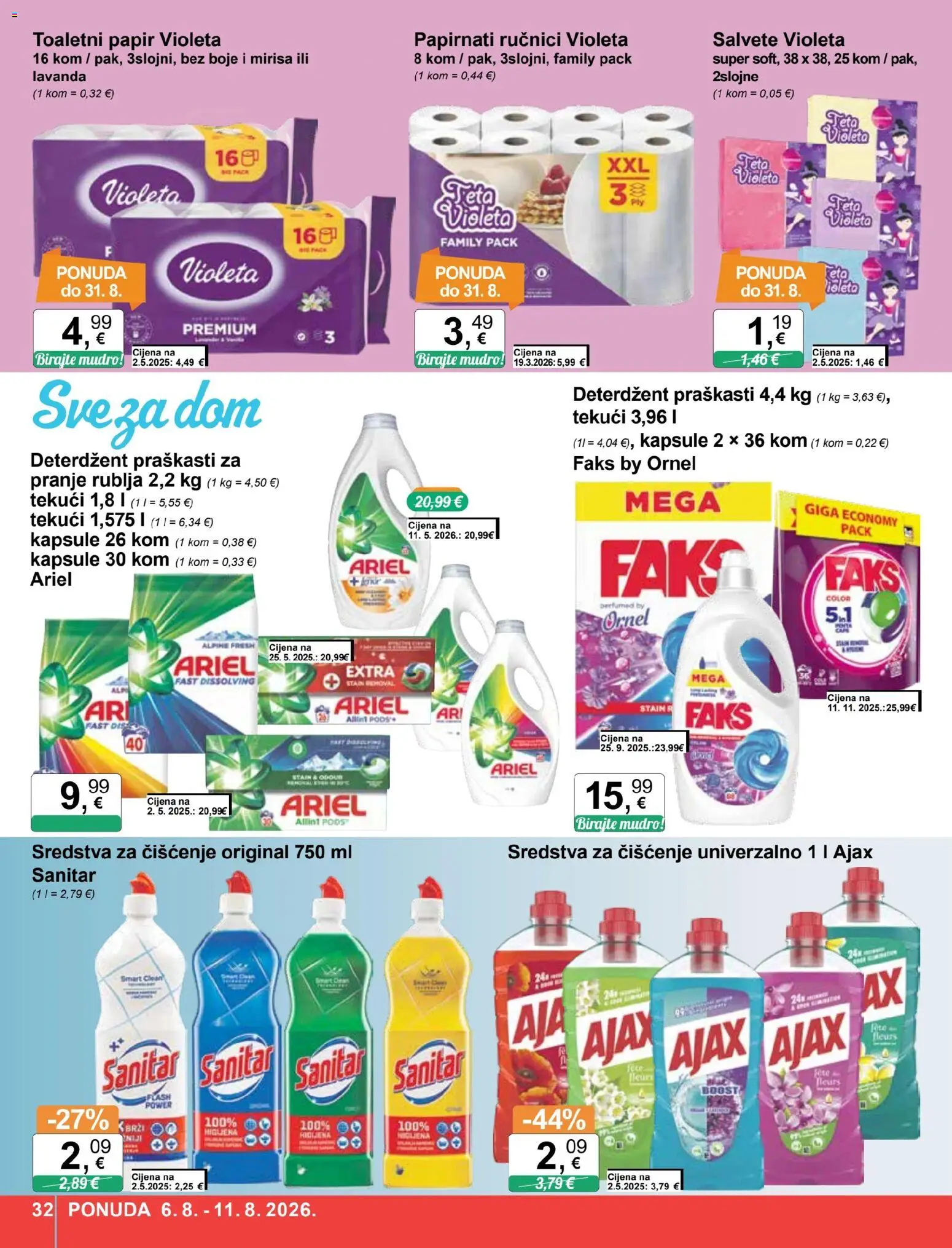 KTC katalog | vrijedi od 06.08.2026 | Stranica: 32 | Proizvodi: Salvete, Toaletni papir, Violeta, Ajax