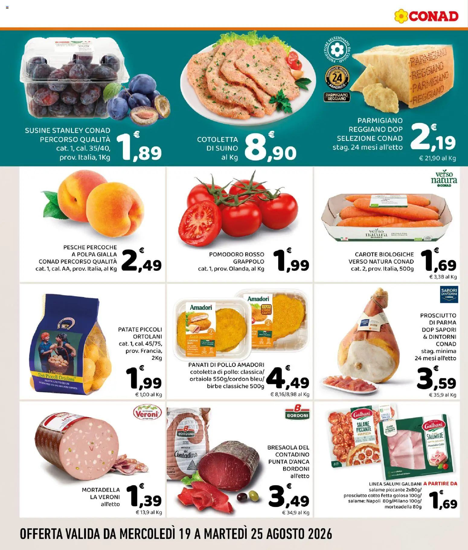 Volantino Conad del 19/08/2026 | Pagina: 2 | Prodotti: Prosciutto di Parma, Bresaola, Reggiano parmigiano, Mortadella