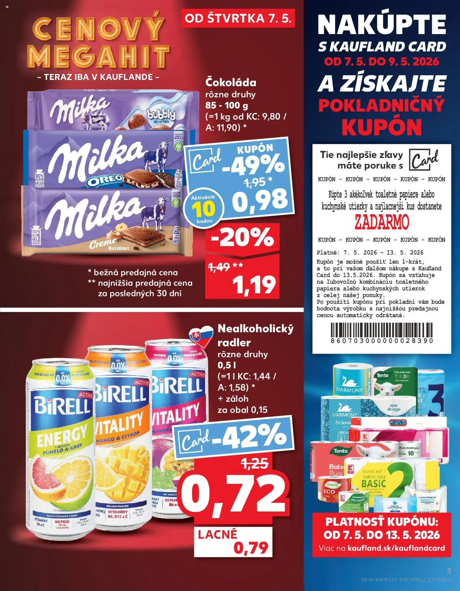 Nové Kaufland akcie – leták je platný od 07.05.2026 | Strana: 3 | Produkty: Birell, Čokoláda, Mango, Grep