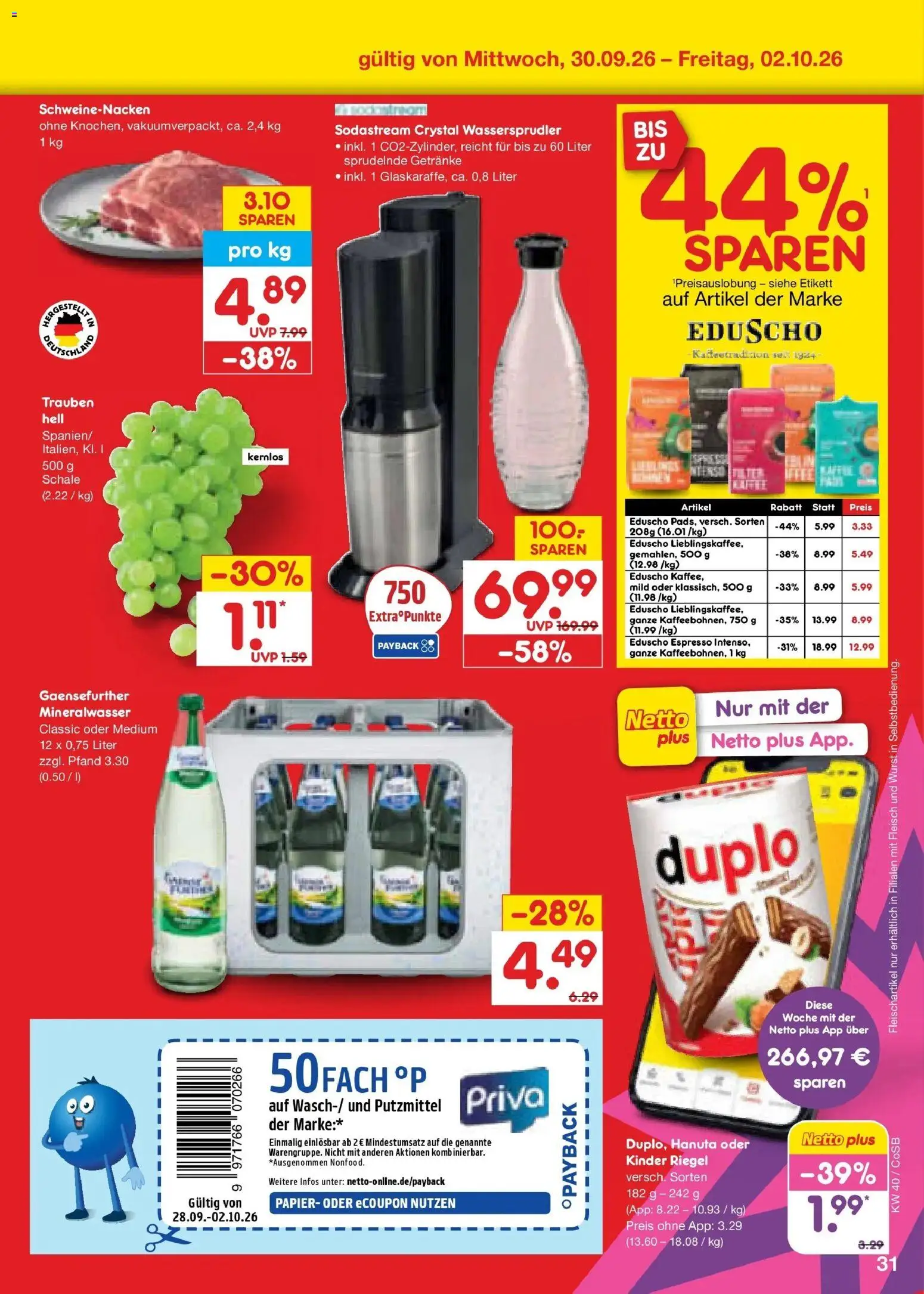 Netto Marken-Discount Prospekt Leipzig – gültig ab 28.09.2026 | Seite: 49 | Produkte: Schweinenacken, Wurst, Fleisch, Sodastream