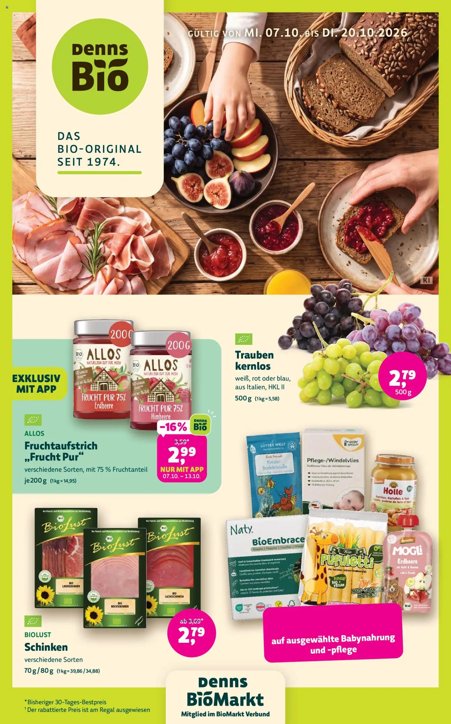 Denns BioMarkt Angebote – gültig ab 07.10.2026 | Seite: 1 | Produkte: Trauben, Kartoffeln, Babynahrung, Schinken