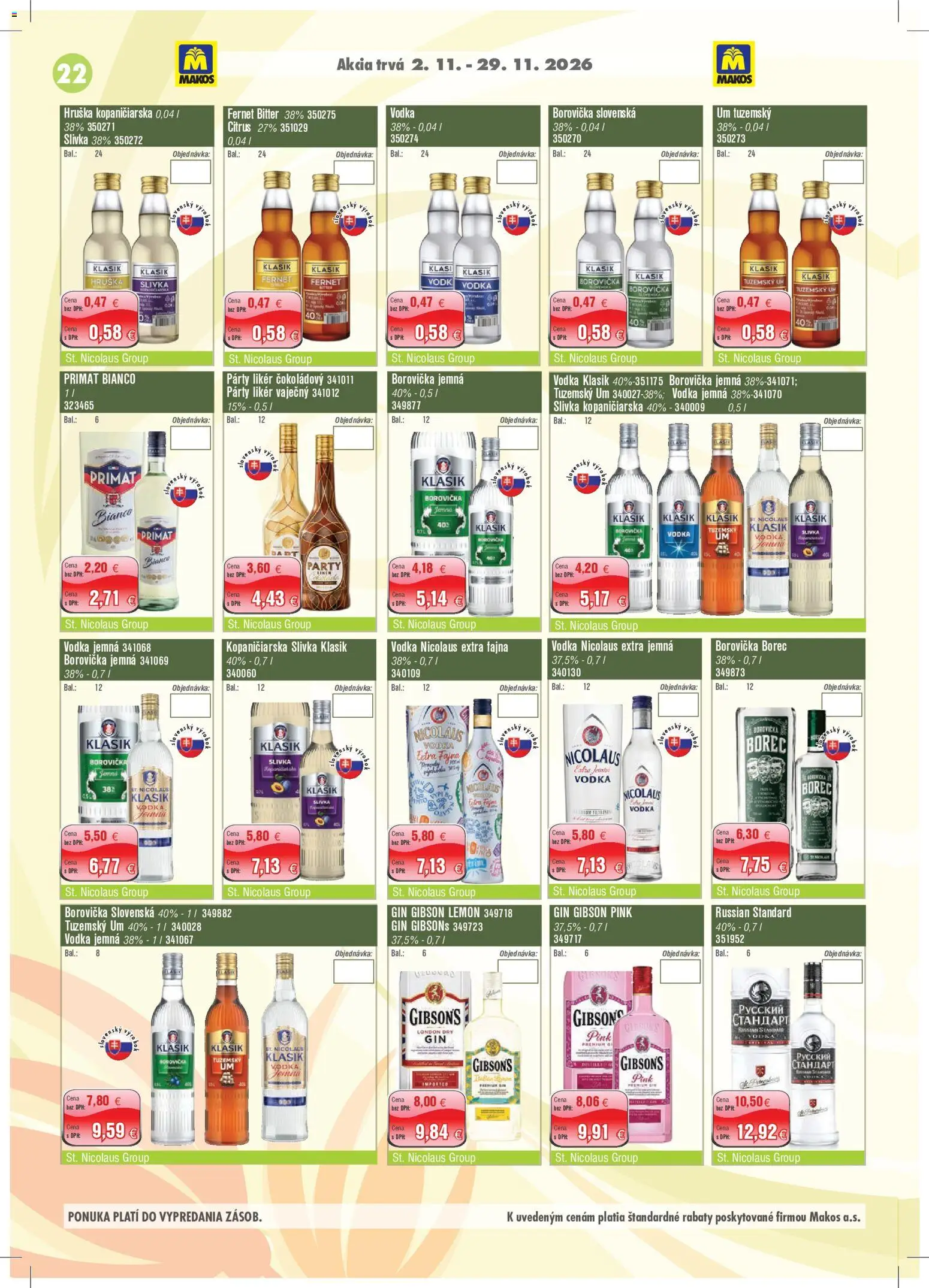 Nové Makos akcie – leták je platný od 02.11.2026 | Strana: 22 | Produkty: Russian Standard, Borovička, Vodka, Nicolaus vodka