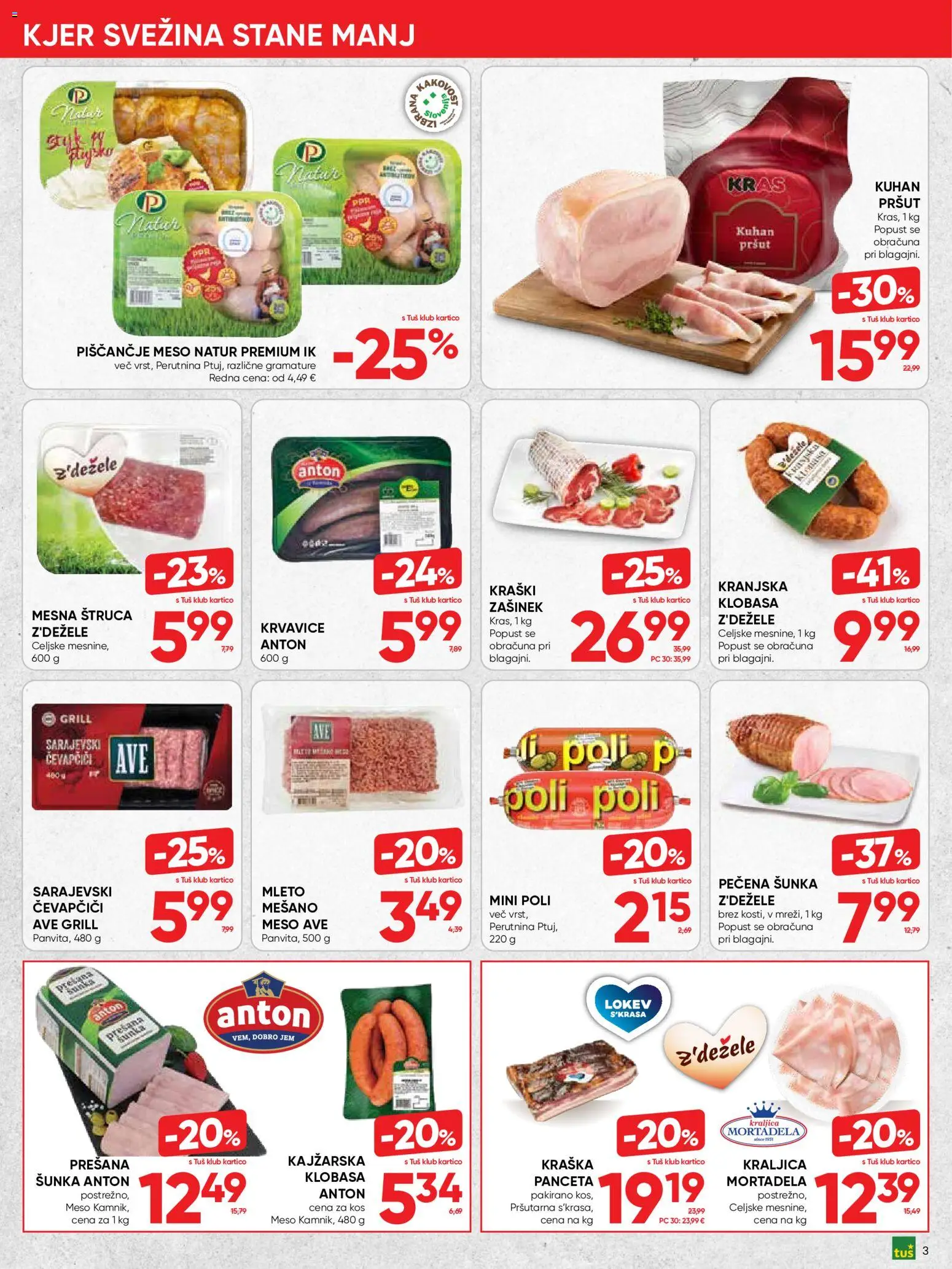 Novi Tuš katalog ponudbe – veljaven od 21.10.2026 | Stran: 3 | Izdelki: Panceta, Mortadela, Čevapčiči, Piscancje meso