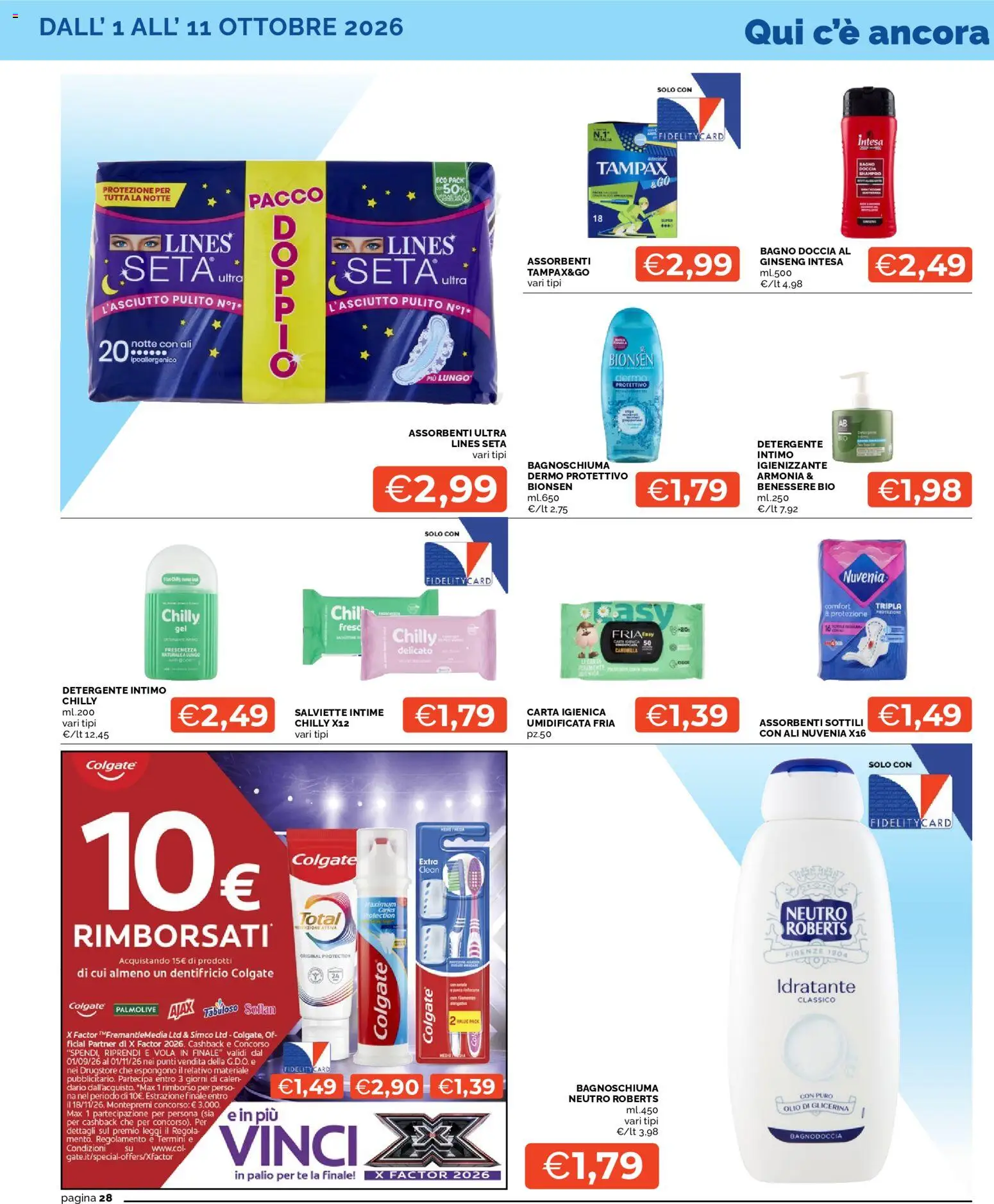 Volantino Mercatò del 01/10/2026 | Pagina: 28 | Prodotti: Dentifricio, Detergente intimo, Assorbenti, Bagno