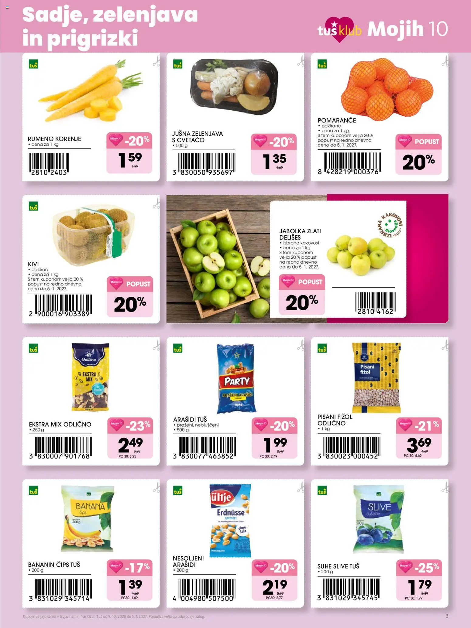 Novi Tuš katalog ponudbe – veljaven od 09.10.2026 | Stran: 3 | Izdelki: Suhe slive, Korenje, Cips, Kivi