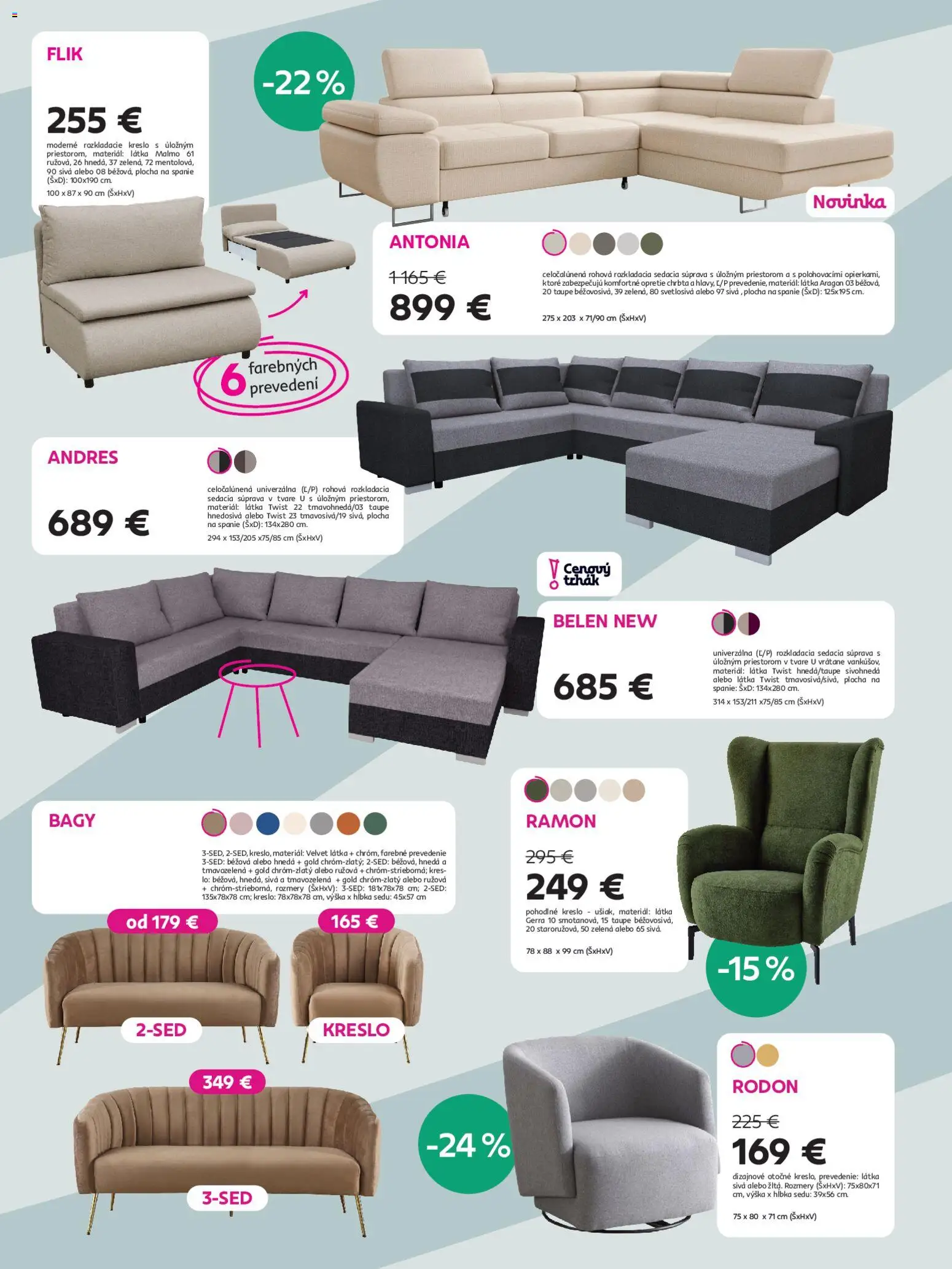 Nové Kondela akcie – leták je platný od 10.06.2026 | Strana: 2 | Produkty: Sedacia súprava, Rozkladacie kreslo, Kreslo