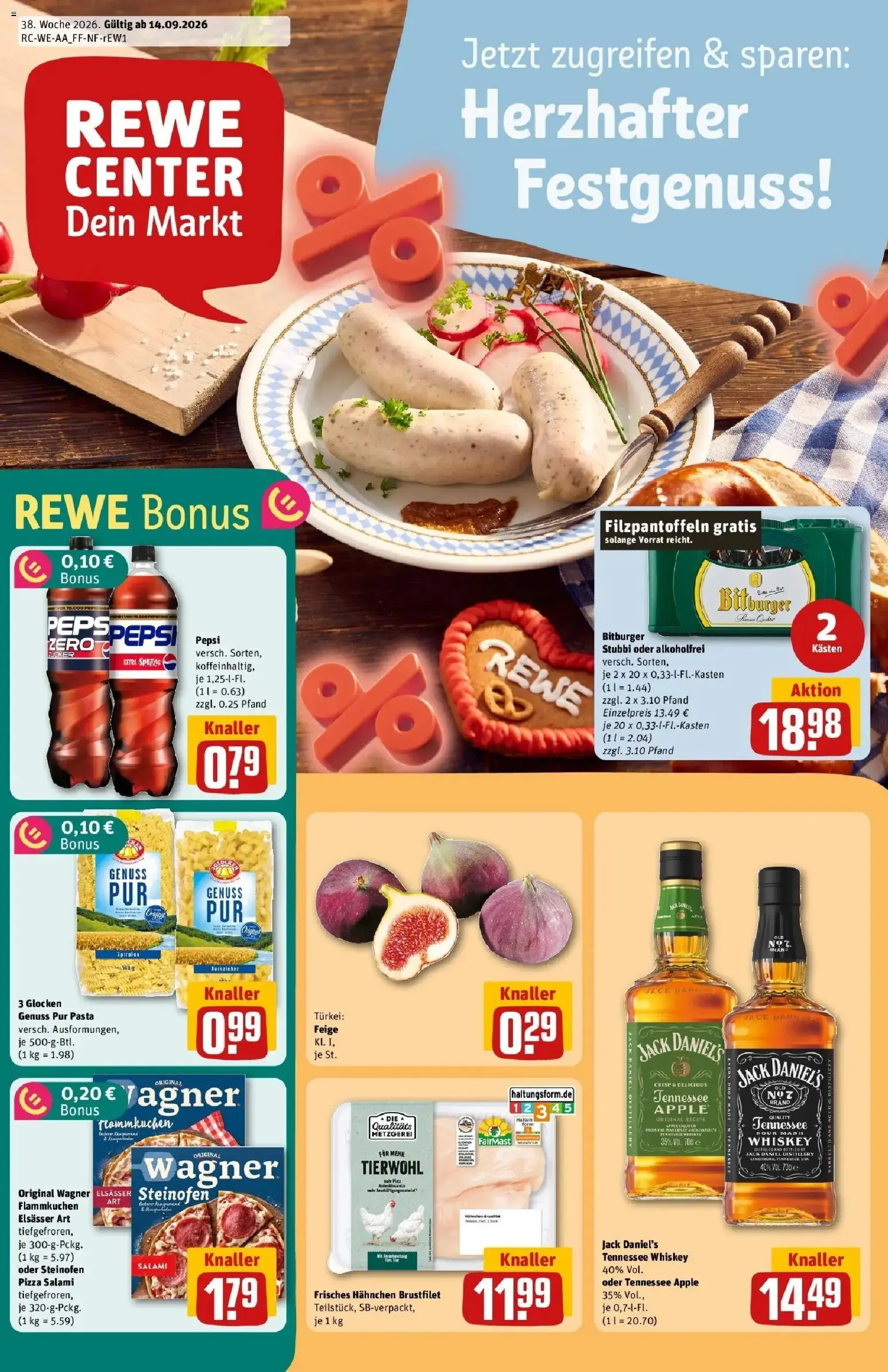 REWE Prospekt ab 14.09.2026 zum Blättern » Angebote | Seite: 1 | Produkte: Jack Daniel's, Pasta, Pizza, Whiskey