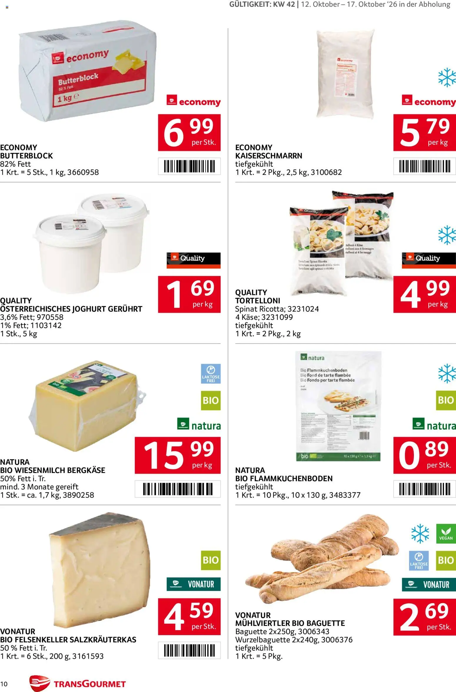 Transgourmet Broschüre gültig ab 11.10.2026 | Seite: 10 | Produkte: Baguette, Käse, Joghurt