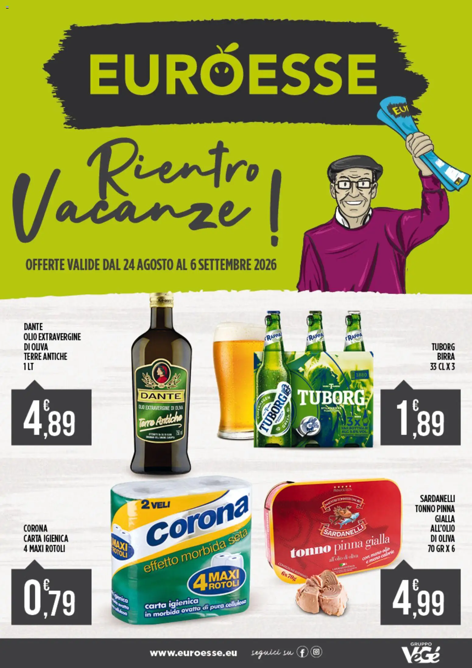 Volantino Euroesse del 24/08/2026 | Pagina: 1 | Prodotti: Olio, Tonno, Grappa, Olio di Oliva