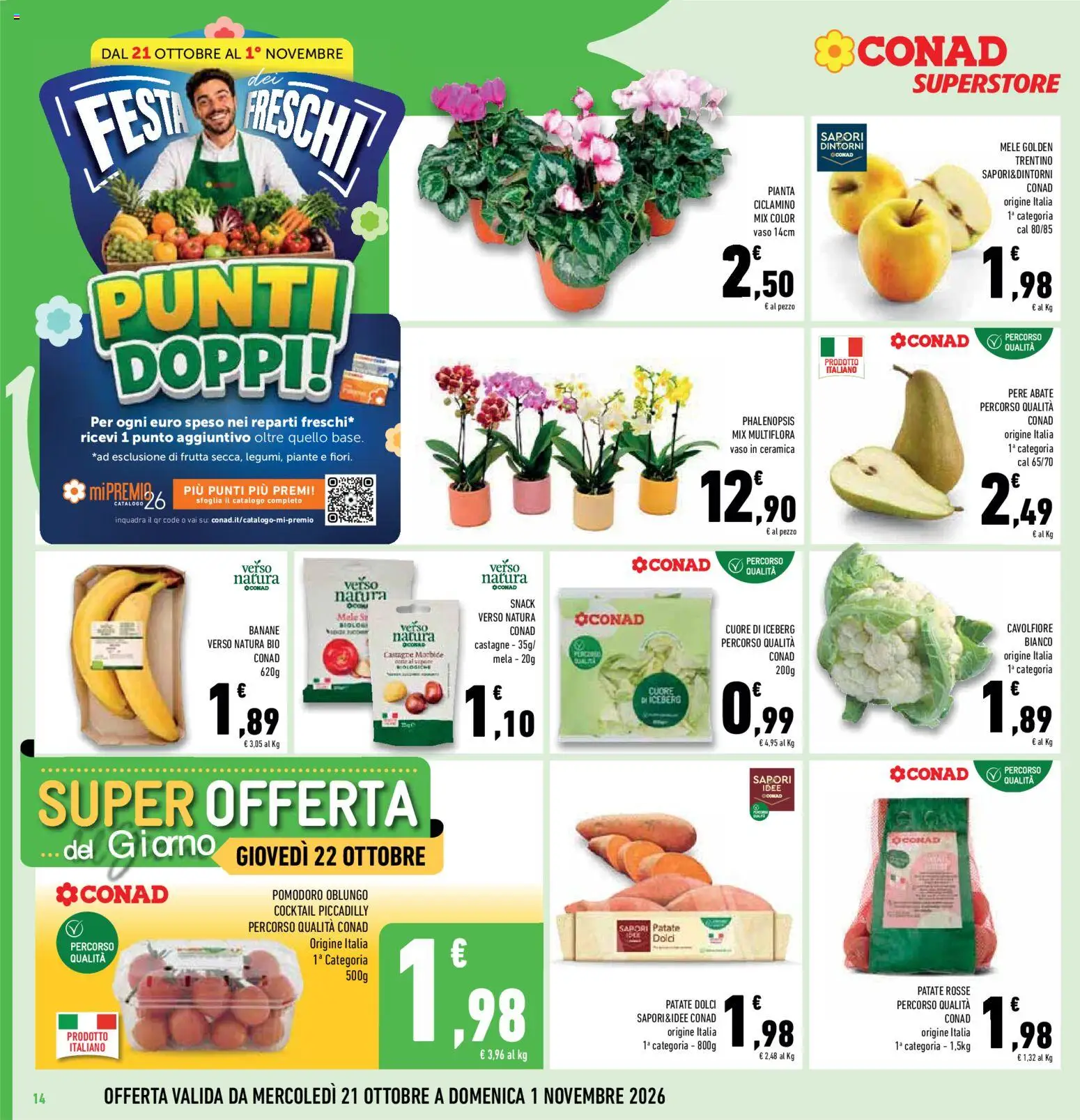Volantino Conad del 21/10/2026 | Pagina: 14 | Prodotti: Banane, Pomodoro, Patate dolci, Cavolfiore
