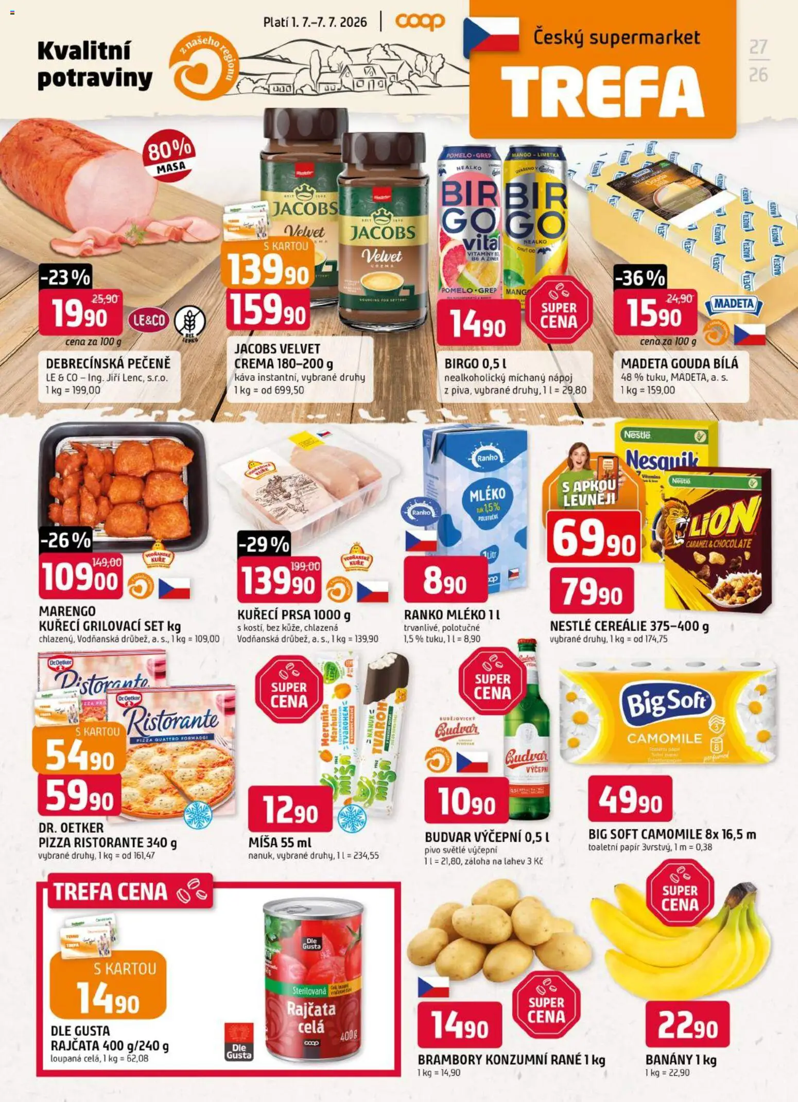 Trefa leták od 01.07.2026 | Strana: 1 | Produkty: Pizza, Banány, Cereálie, Tvaroh