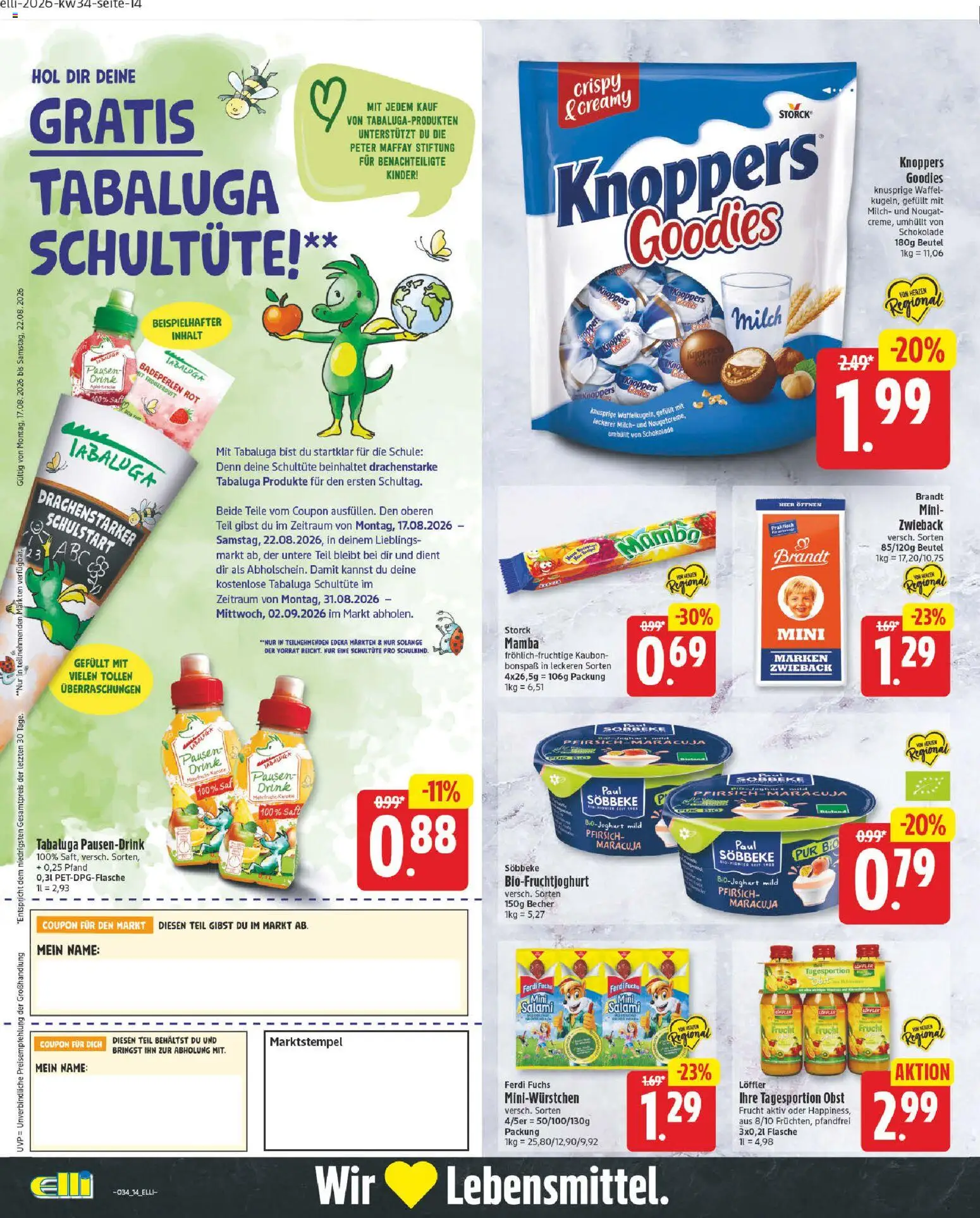 Elli Markt Prospekt Delbrück – gültig ab 17.08.2026 | Seite: 14 | Produkte: Joghurt, Obst, Knoppers, Salami