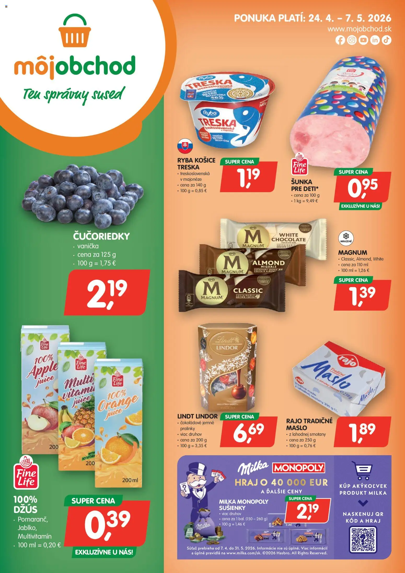 Nové Môj obchod akcie – leták je platný od 24.04.2026 | Strana: 1 | Produkty: Lindor, Magnum, Čučoriedky, Treska
