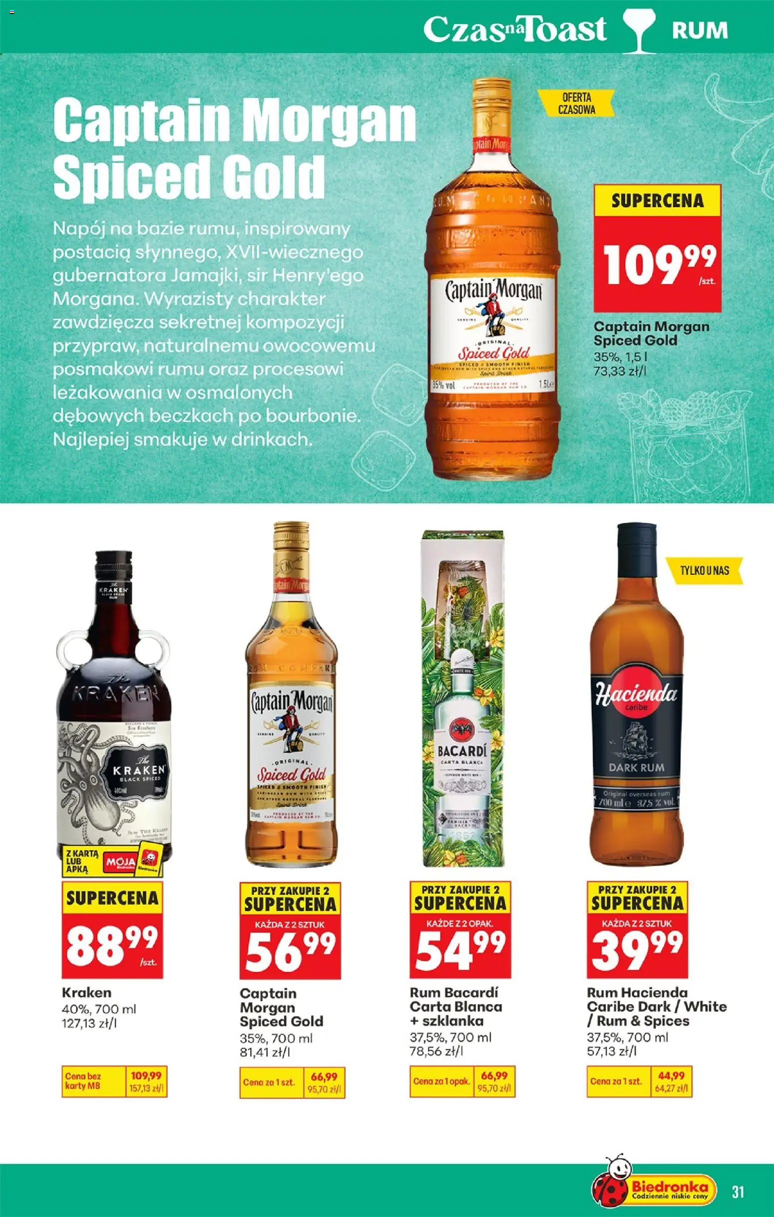 Biedronka gazetka - Czas na toast od 10.08.2026 | Strona: 31 | Produkty: Szklanka, Bacardi, Captain Morgan, Finish
