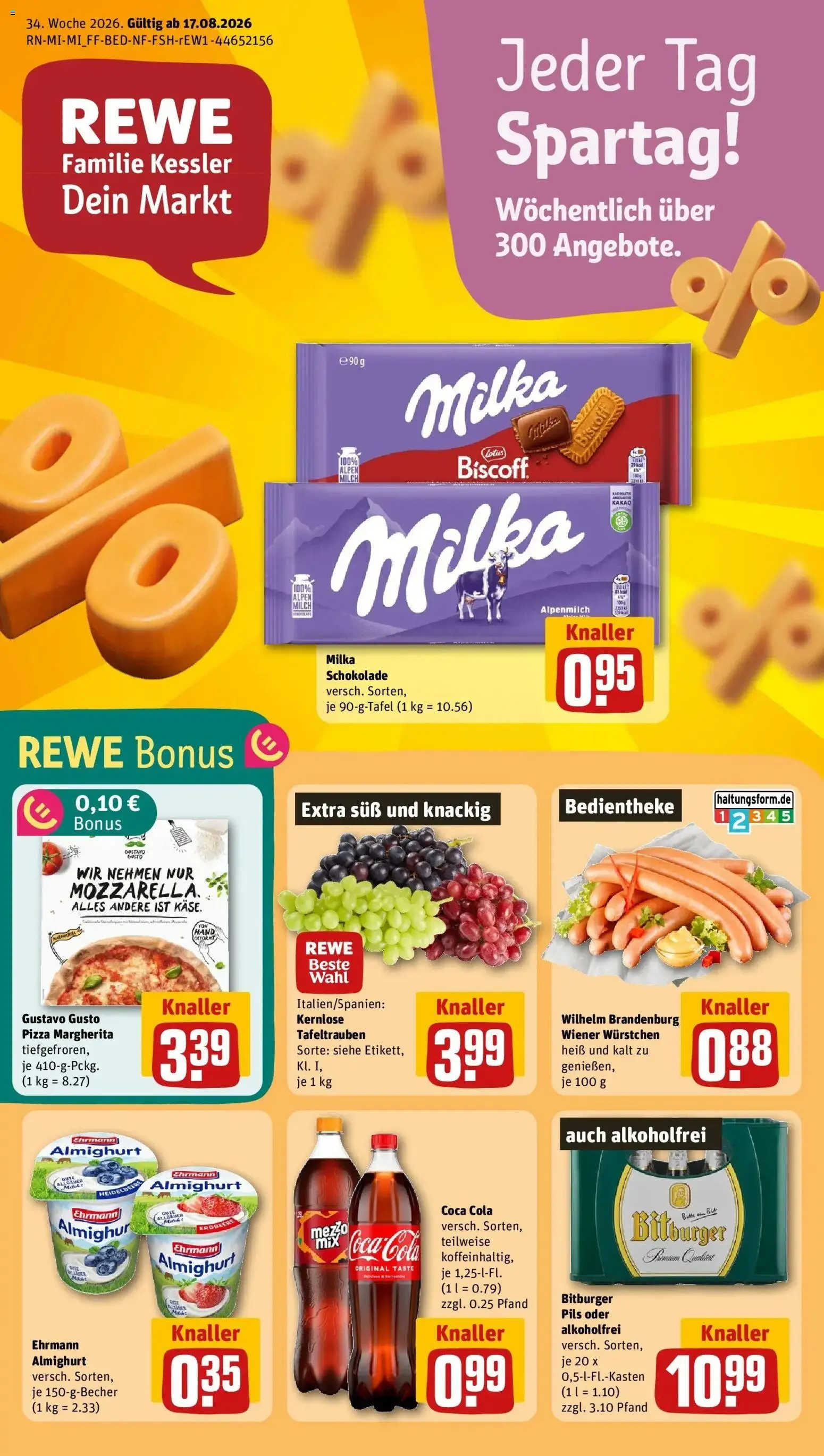 REWE Prospekt ab 17.08.2026 zum Blättern » Angebote | Seite: 1 | Produkte: Coca cola, Ehrmann almighurt, Schokolade, Pizza