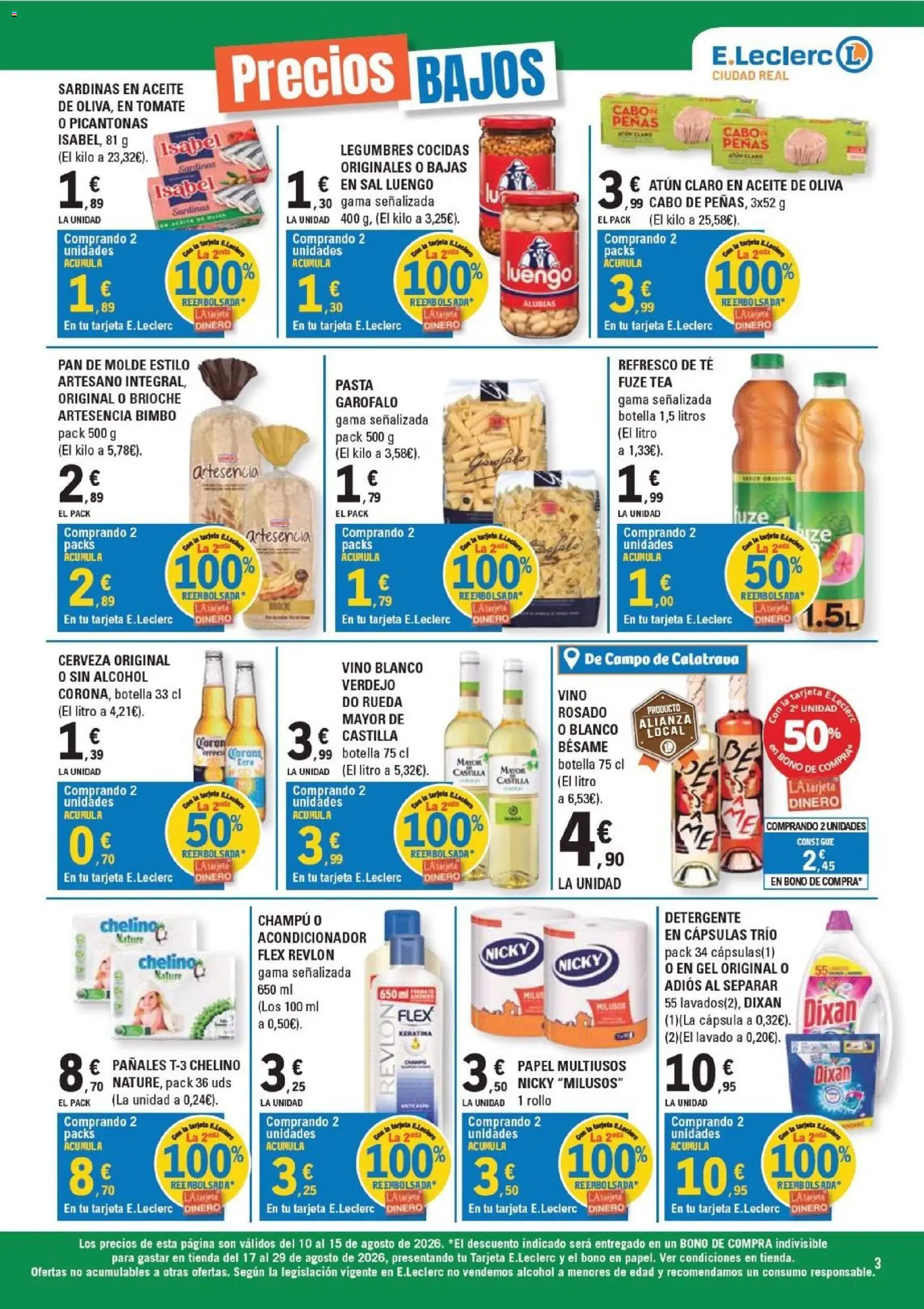 E.Leclerc Ciudad Real │ válido desde el 10/08/2026 | Página: 3 | Productos: Pasta, Vino blanco, Sardinas, Pañales