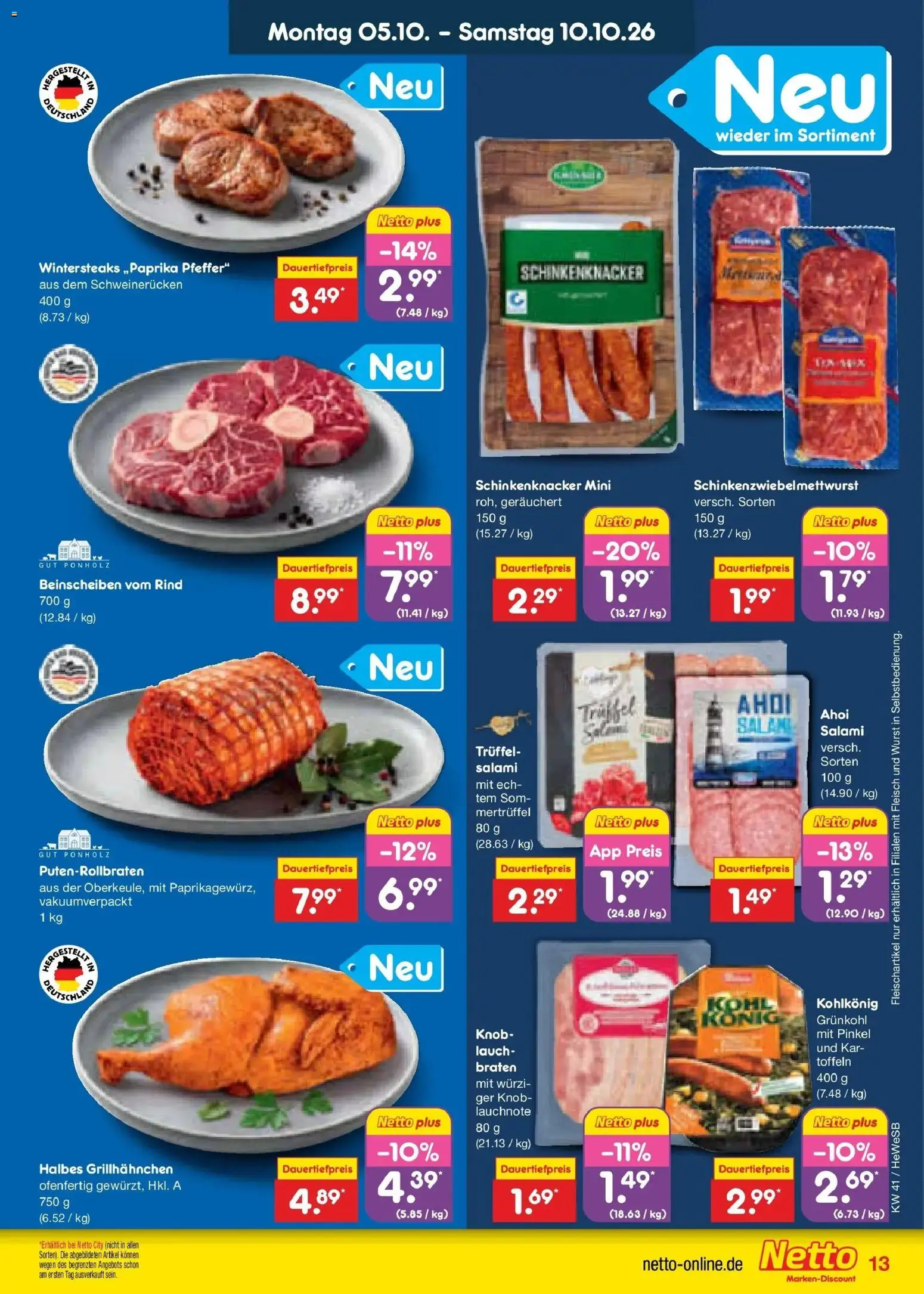 Netto Marken-Discount Prospekt Hamburg (ab 05.10.2026) » Angebote | Seite: 13 | Produkte: Wurst, Schweinerucken, Salami, Fleisch