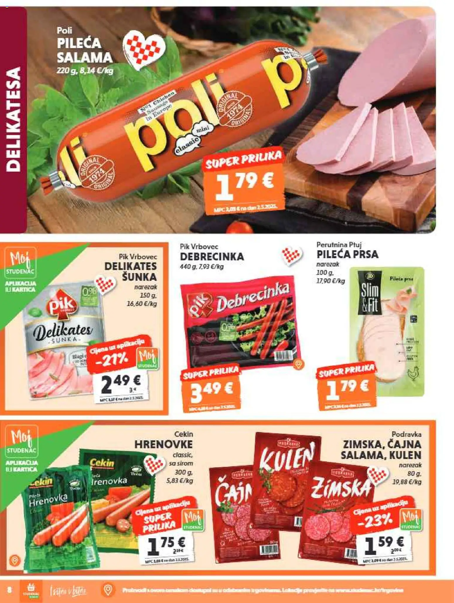 Studenac katalog | vrijedi od 15.07.2026 | Stranica: 8 | Proizvodi: Hrenovke, Narezak, Kulen, Pileća prsa