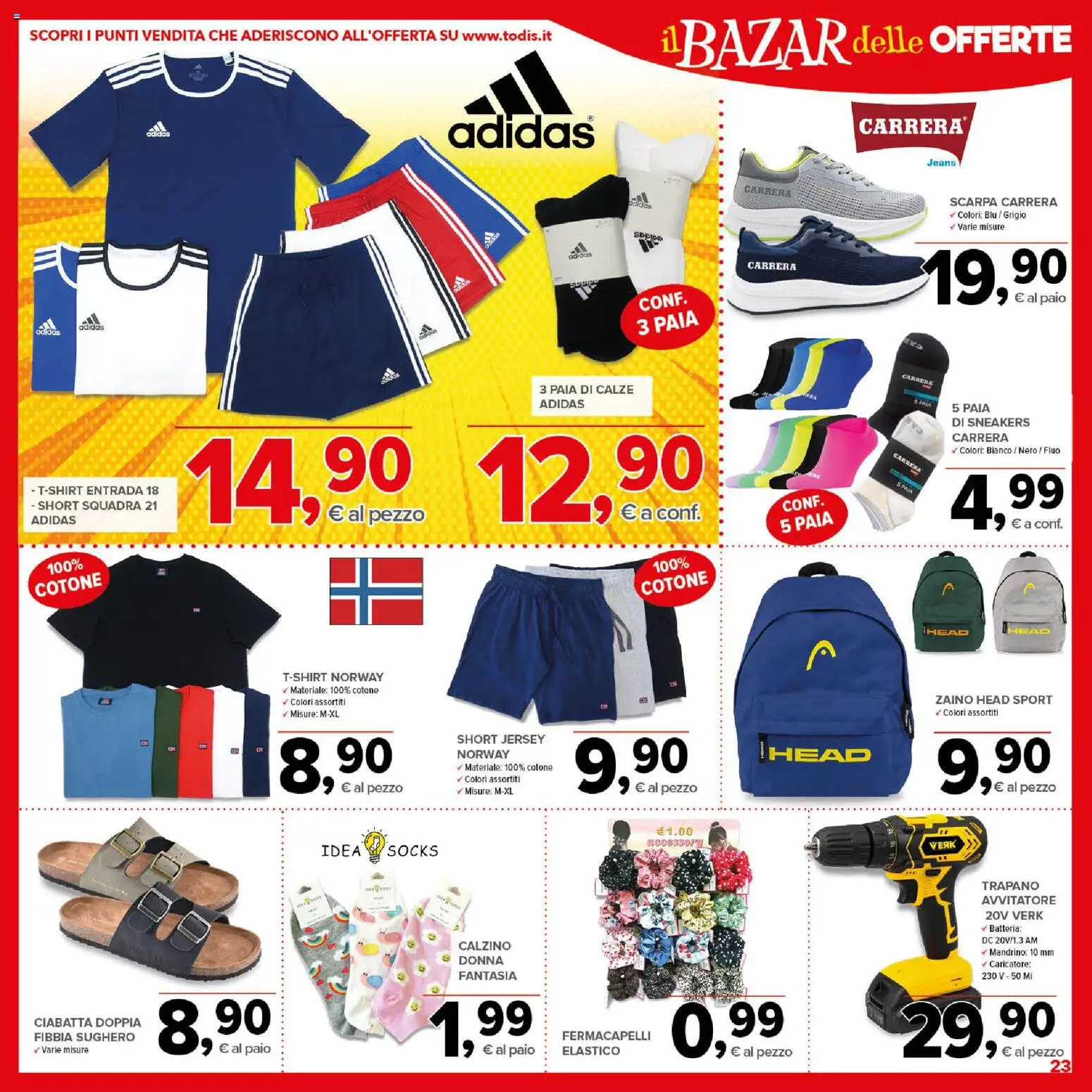 Volantino Todis del 04.05.2026 | Pagina: 23 | Prodotti: Sneakers, Jeans, Trapano, Batteria