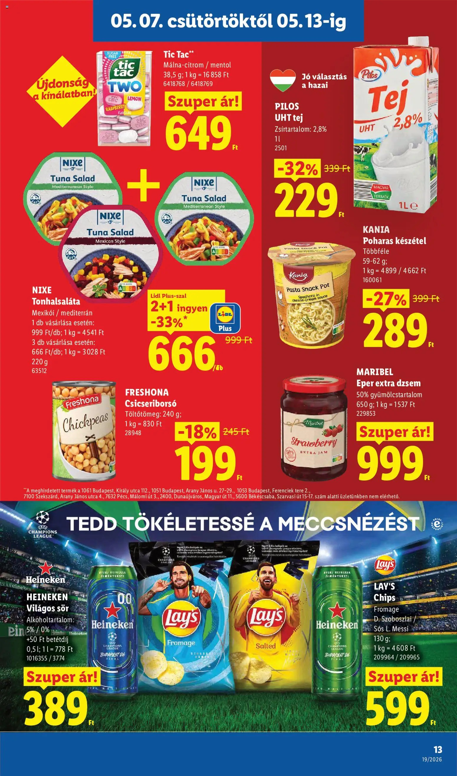 Lidl akciós ujság - amely érvényes a következő dátumtól: 07.05.2026 | Oldal: 13 | Termékek: Tonhalsaláta, Heineken, Tej, Készétel