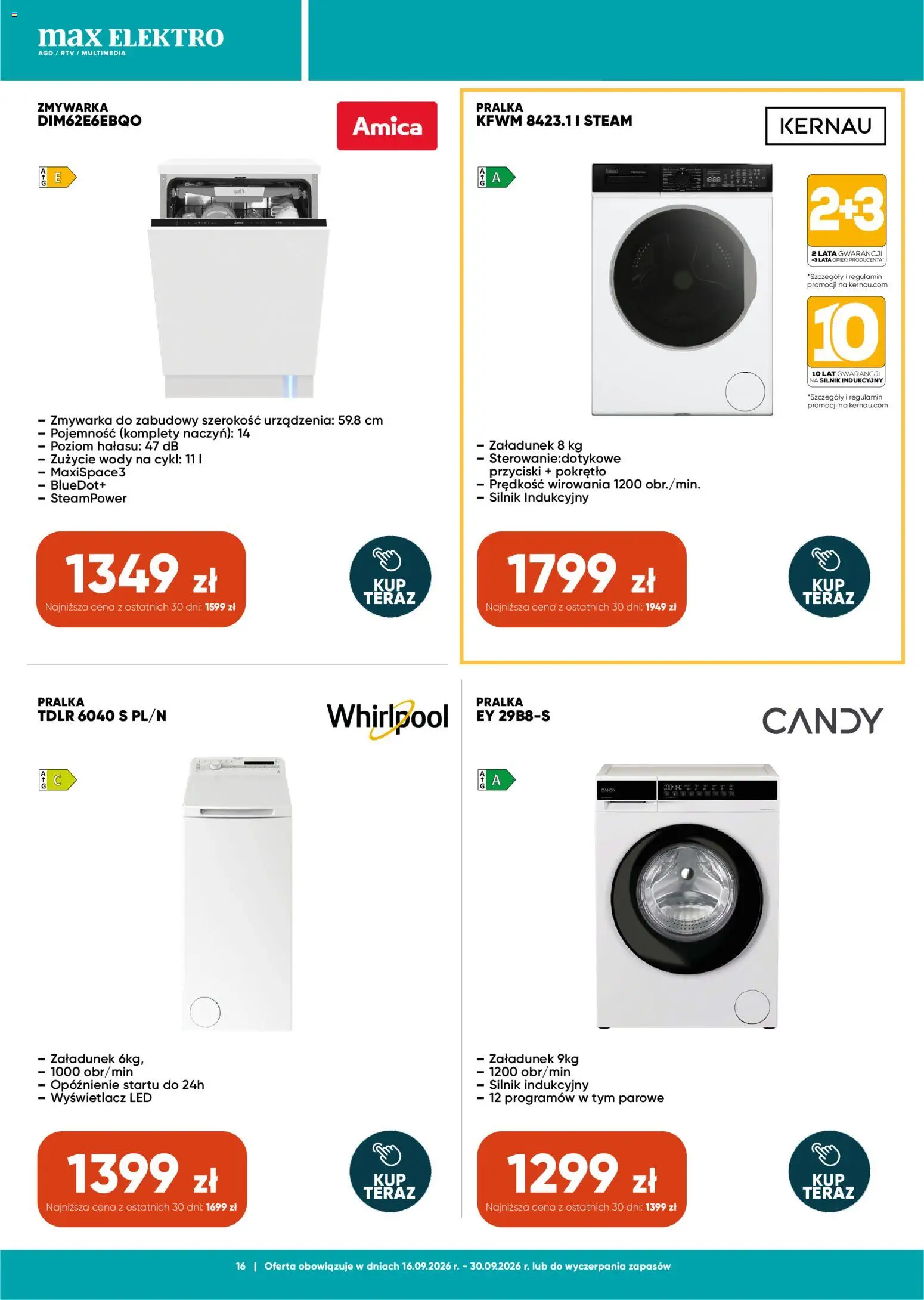 Max elektro gazetka od 16.09.2026 | Strona: 16 | Produkty: Pralka, Zmywarka