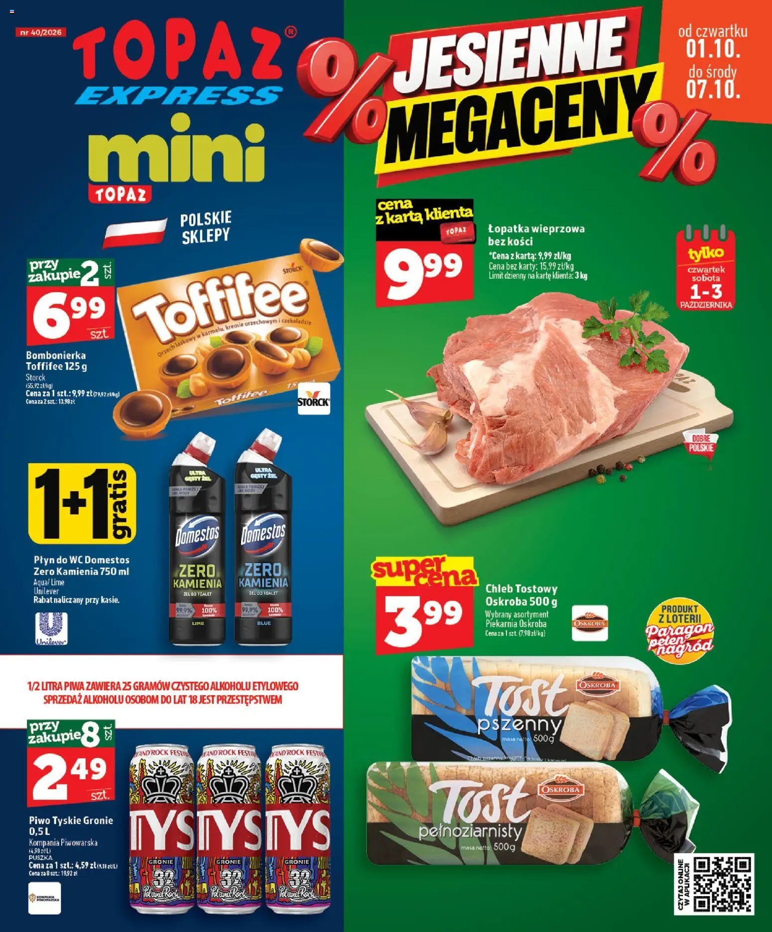 Topaz gazetka - Express od 01.10.2026 | Strona: 1 | Produkty: Piwo tyskie, Piekarnia, Toffifee, Tyskie