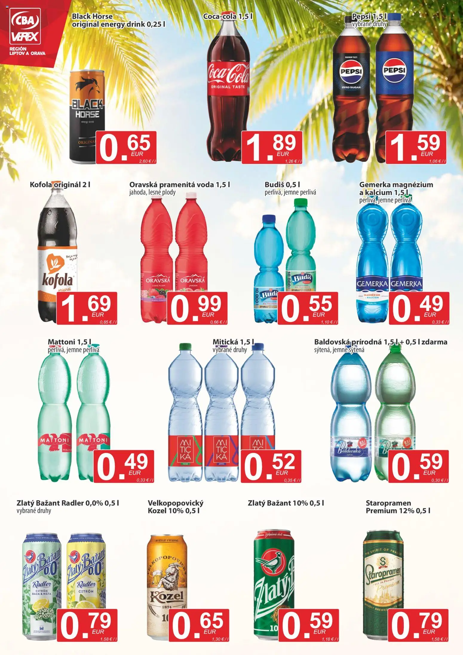 Nové CBA Verex akcie – leták je platný od 16.07.2026 | Strana: 10 | Produkty: Kofola, Budiš, Zlatý Bažant, Gemerka