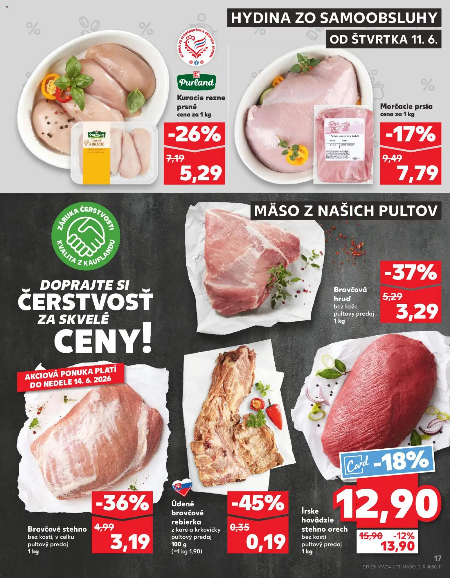 Nové Kaufland akcie – leták je platný od 11.06.2026 | Strana: 17 | Produkty: Bravčové stehno, Kuracie rezne