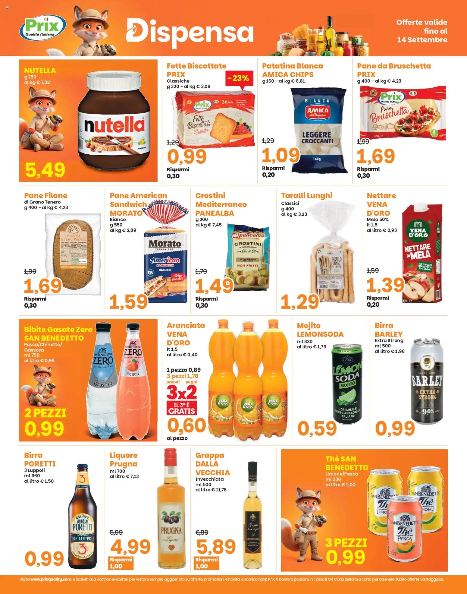 Volantino Prix del 08/09/2026 | Pagina: 20 | Prodotti: Pane, Nutella, Taralli, Grappa
