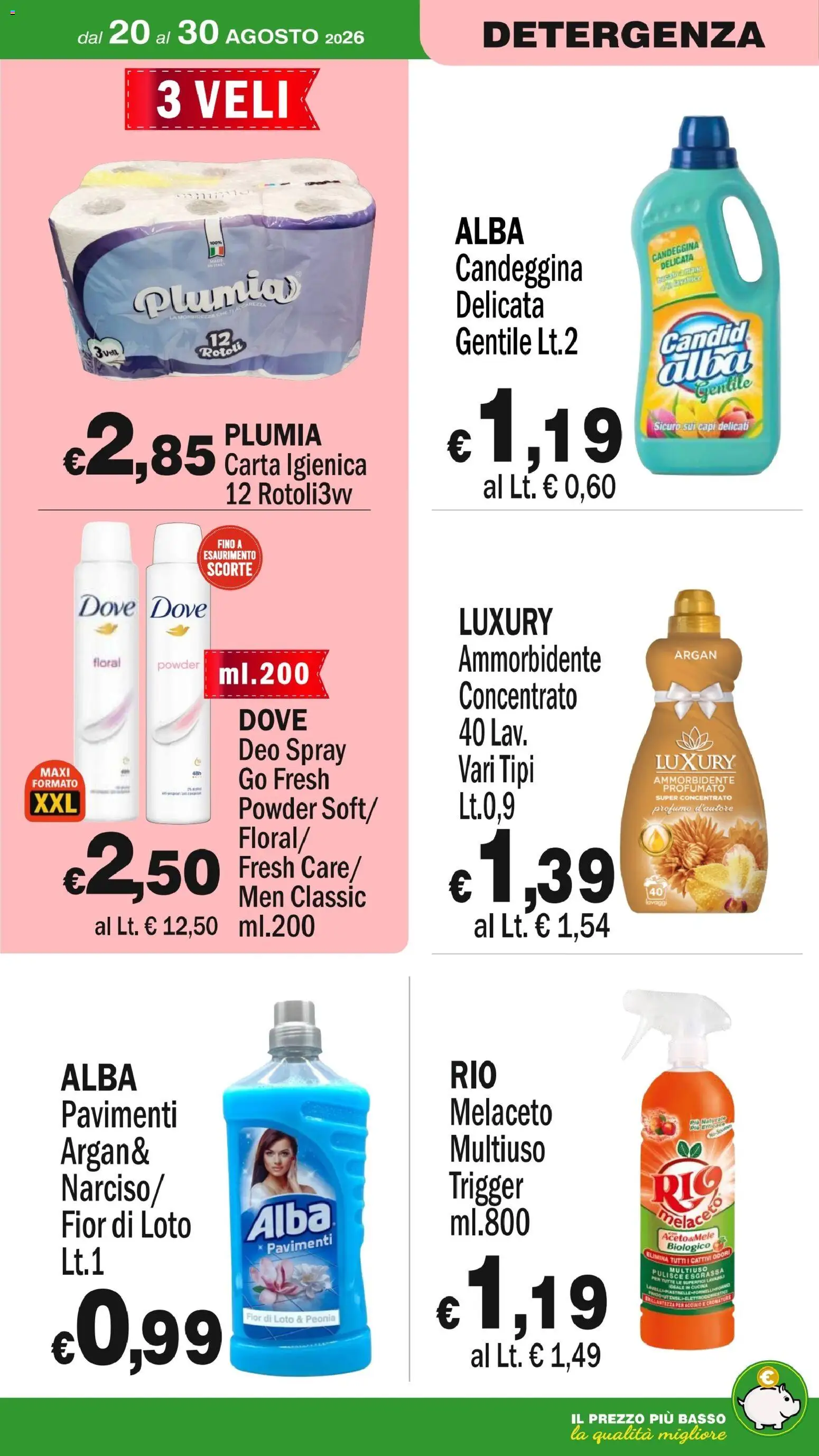 Volantino Primo Prezzo del 20/08/2026 | Pagina: 22 | Prodotti: Carta igienica, Mele, Ammorbidente, Aceto