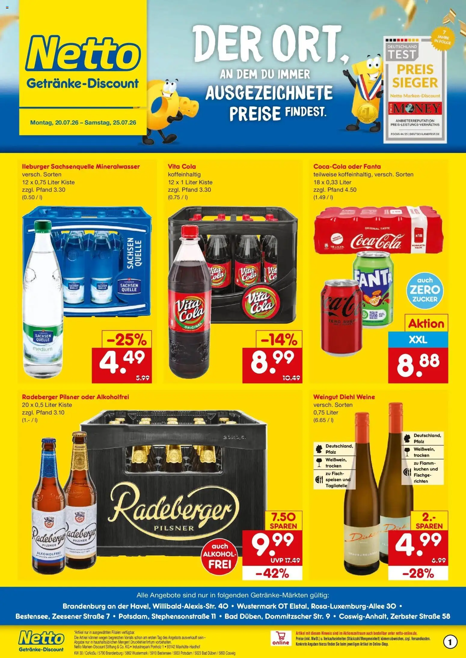 Netto Marken-Discount Prospekt Coswig-Anhalt – gültig ab 20.07.2026 | Seite: 1 | Produkte: Bad, Mineralwasser, Fisch, Zucker