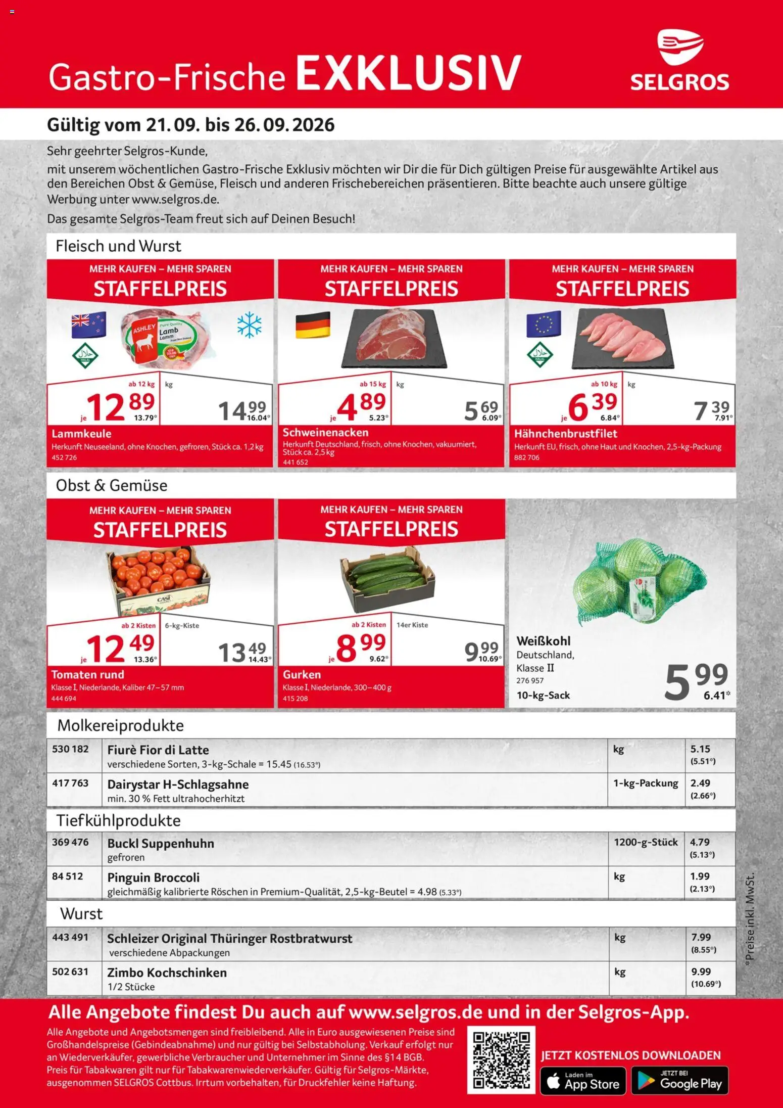 Selgros Gastro Angebote – gültig ab 21.09.2026 | Seite: 1 | Produkte: Lammkeule, Obst, Fleisch, Gurken