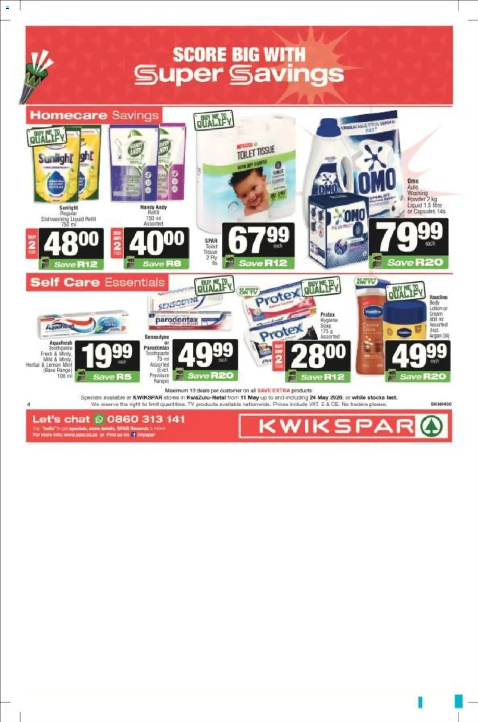 New KWIKSPAR catalogue – valid from 11.05.2026 | Page: 4 | Products: Powder, Toothpaste, Washing powder, Dishwashing liquid
