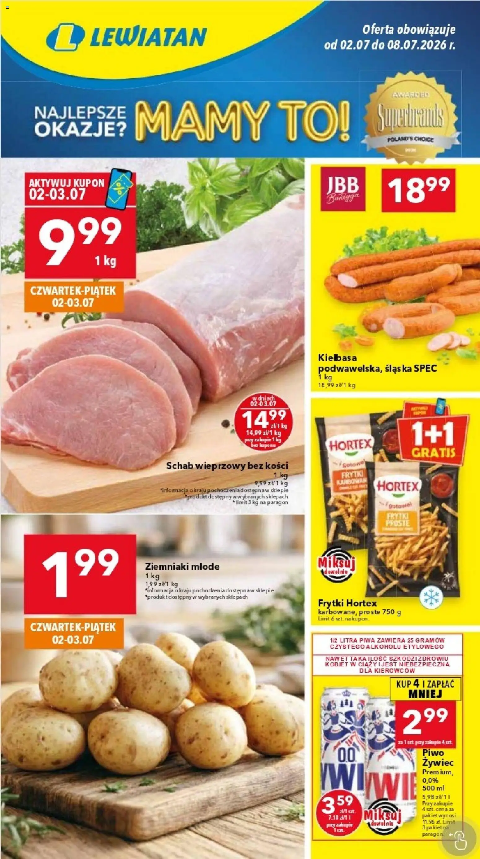 Lewiatan gazetka - Warszawa od 02.07.2026 | Strona: 1 | Produkty: Schab, Schab wieprzowy, Frytki, Ziemniaki