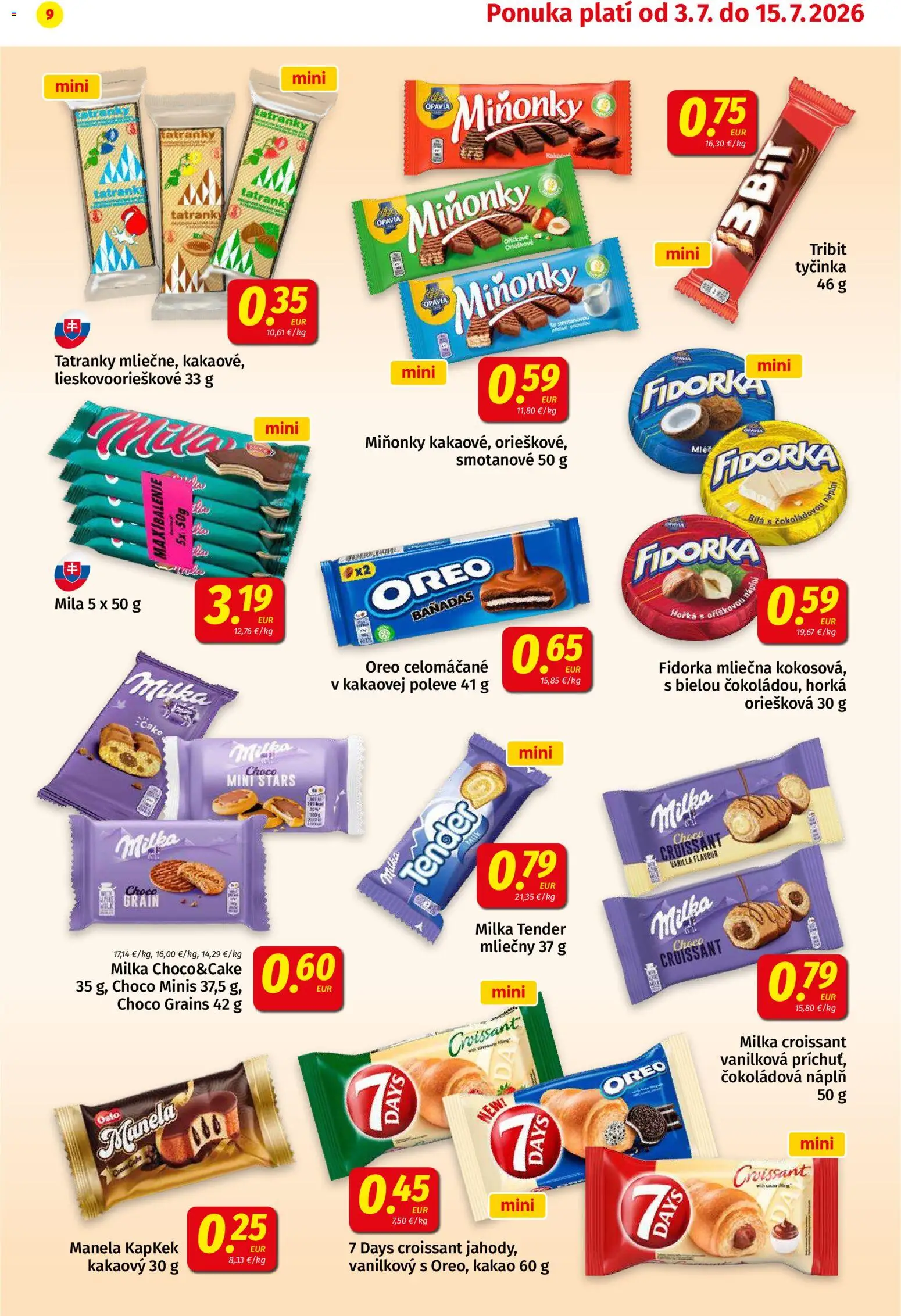 Nové Koruna akcie – leták je platný od 03.07.2026 | Strana: 9 | Produkty: Croissant, Mila, Milka, Kakao