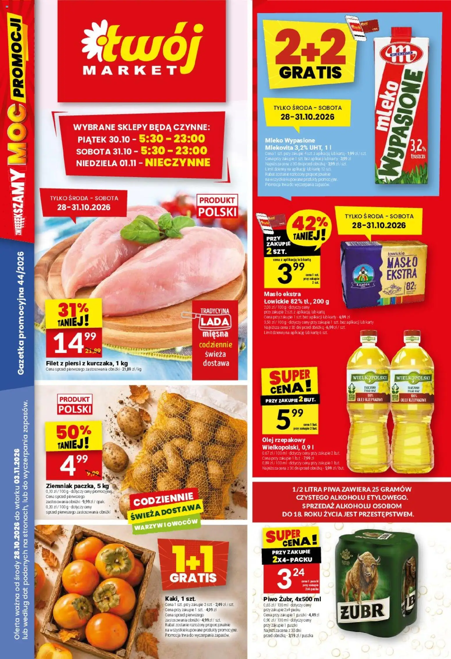 Twój Market gazetka od 28.10.2026 | Strona: 1 | Produkty: Mleko wypasione, Olej rzepakowy, Mleko, Piwo