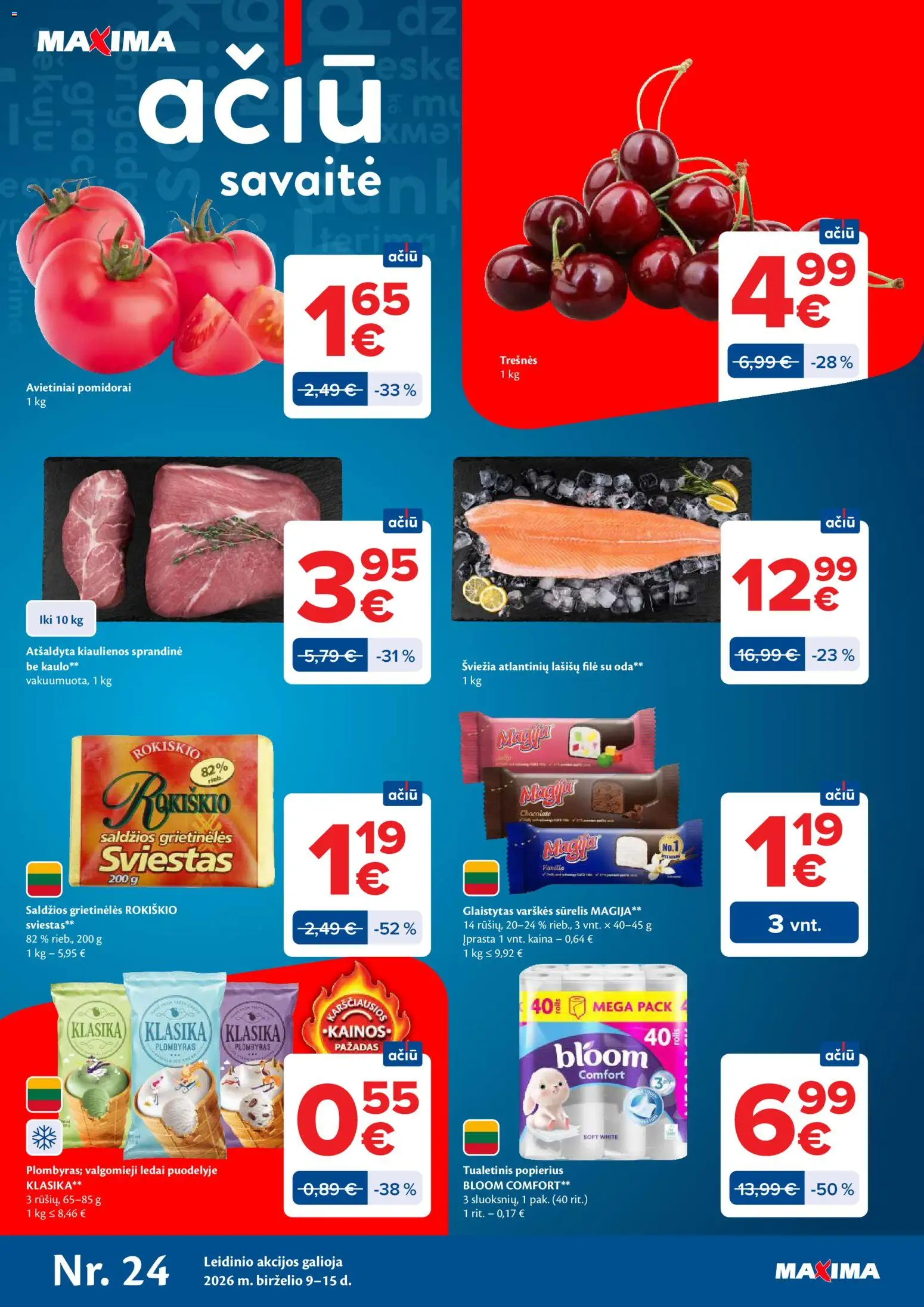 MAXIMA akcijos nuo 09.06.2026 | Puslapis: 1 | Prekių: Ledai, Sūrelis, Lašišų filė, Pomidorai