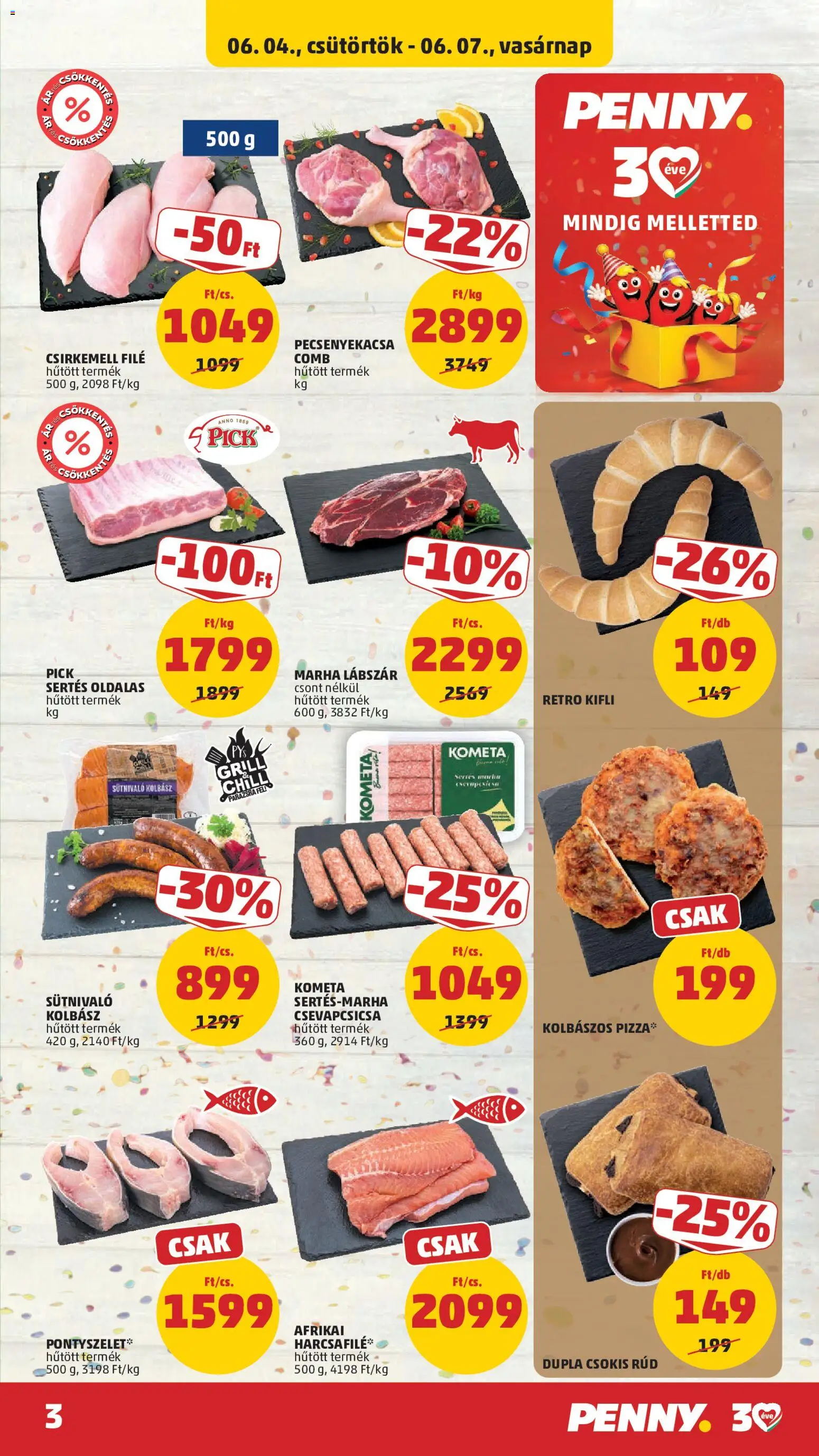 PENNY akciós ujság - amely érvényes a következő dátumtól: 04.06.2026 | Oldal: 3 | Termékek: Kifli, Pick, Grill, Pizza