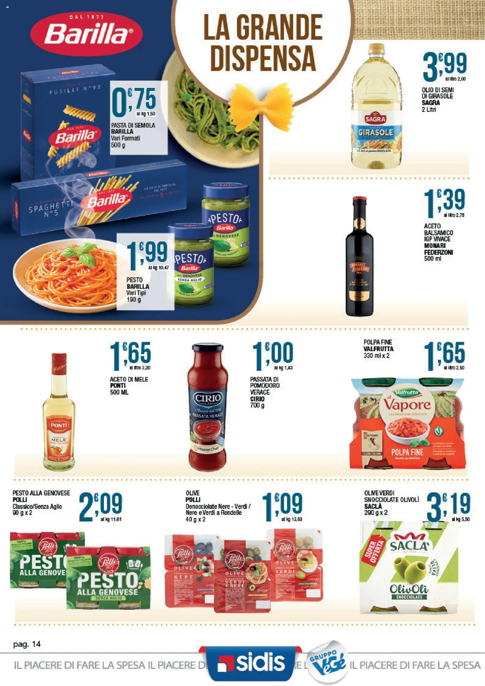 Volantino Sidis del 24/08/2026 | Pagina: 14 | Prodotti: Pomodoro, Fusilli, Polli, Spaghetti