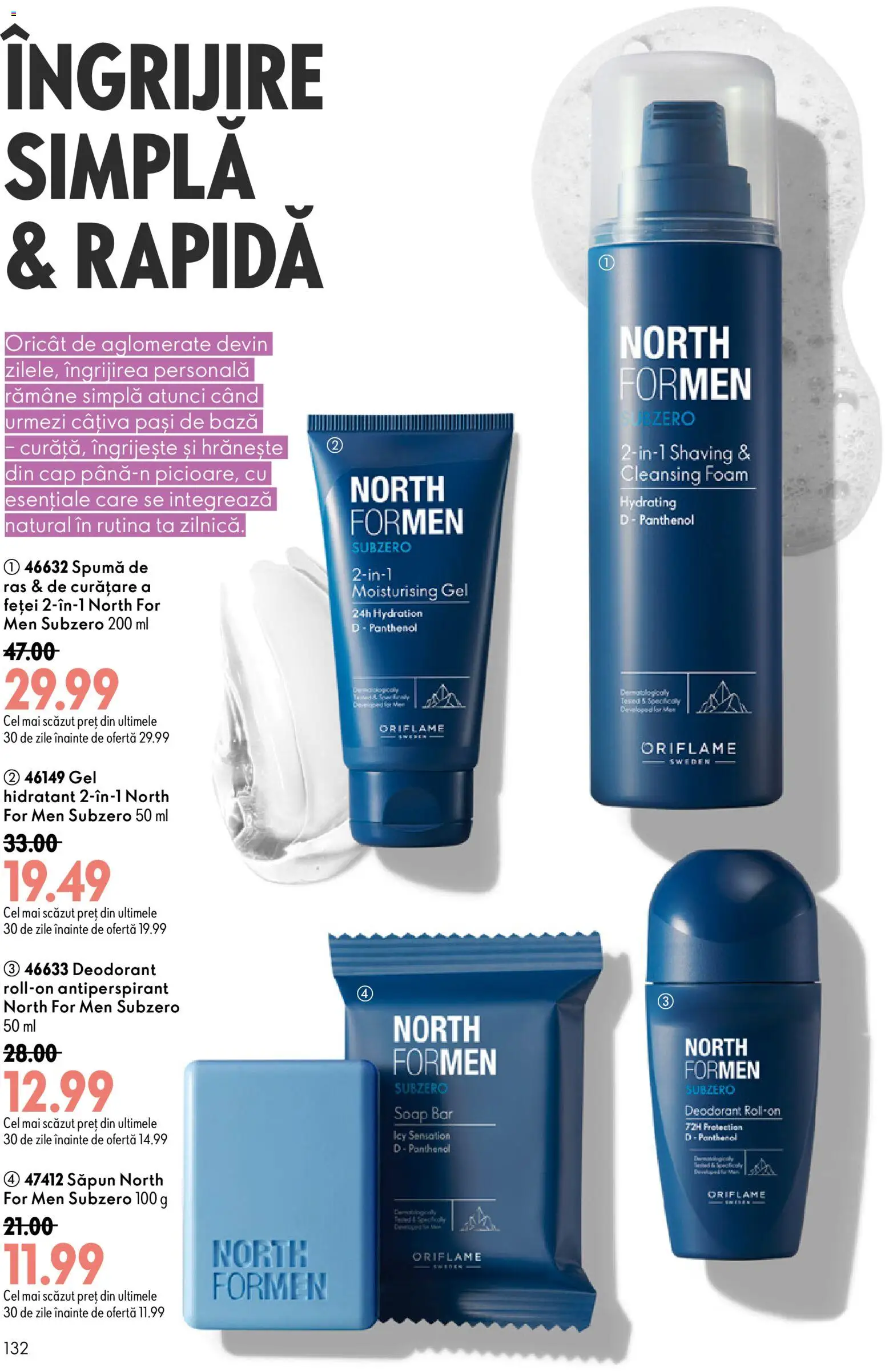 Noul catalog Oriflame – valabil de la 19.08.2026 | Pagină: 132 | Produse: Spumă de ras, Săpun, Deodorant, Antiperspirant