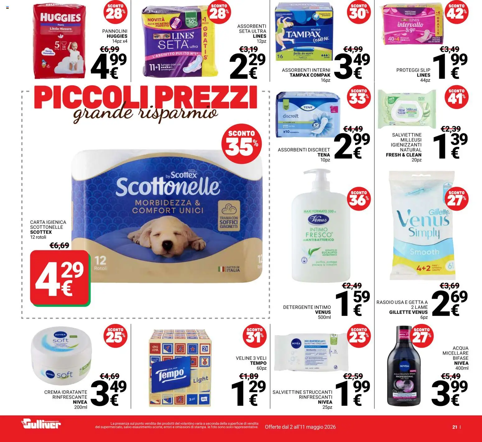 Volantino Gulliver del 02.05.2026 | Pagina: 21 | Prodotti: Rasoio, Carta igienica, Intimo, Acqua