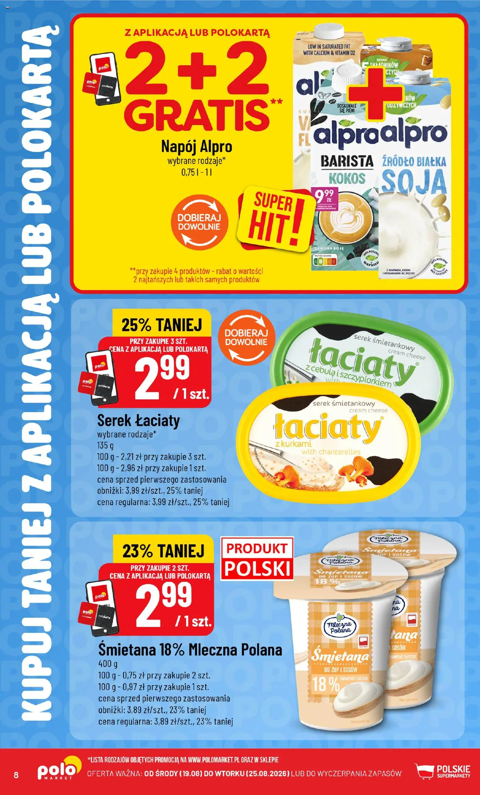 Nowa POLOmarket gazetka od jutra 19.08.2026 | Strona: 8 | Produkty: Serek śmietankowy, Serek, Soja, Kokos