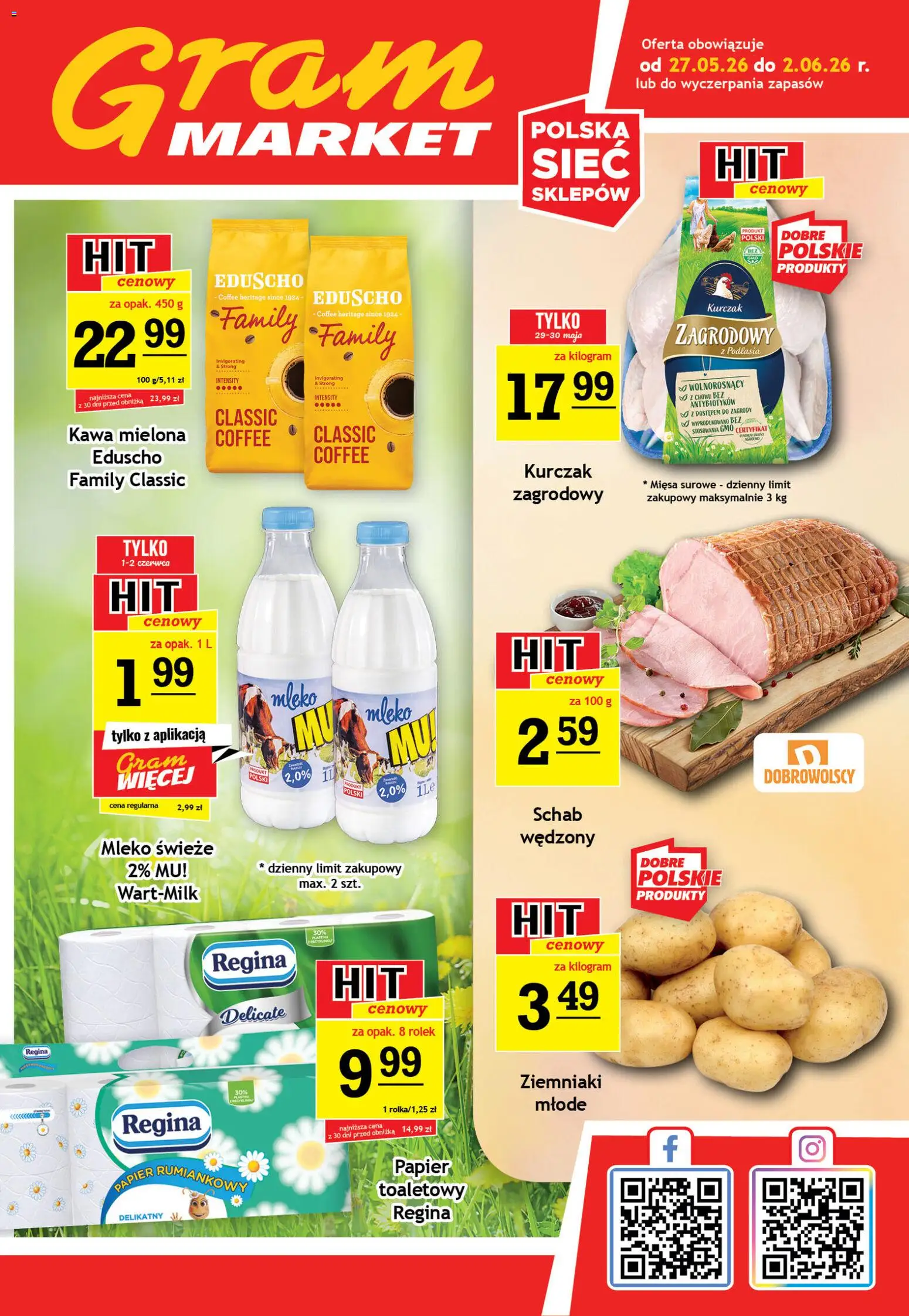 Gram Market gazetka od 27.05.2026 | Strona: 1 | Produkty: Kurczak, Papier toaletowy, Mleko, Ziemniaki