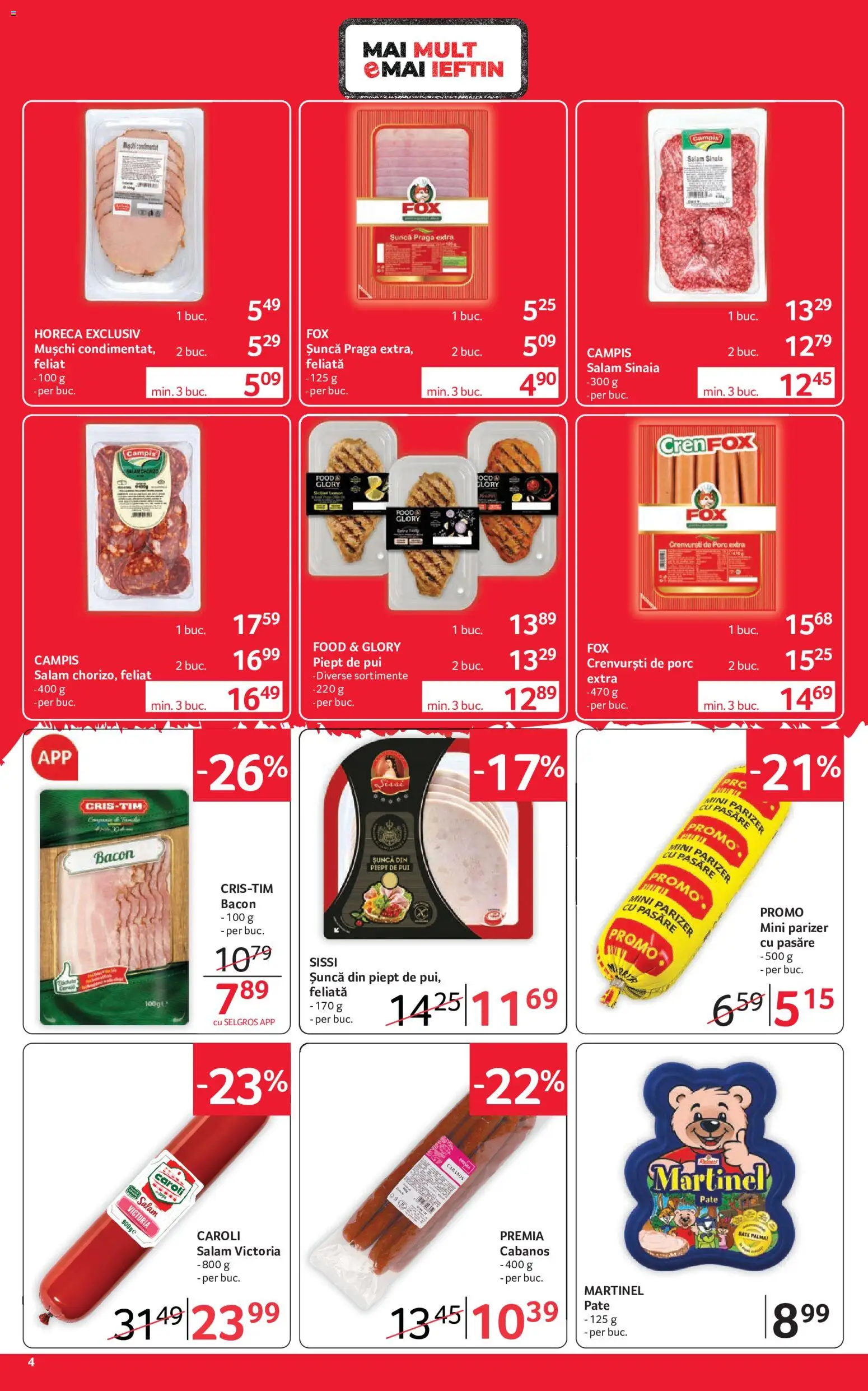Noul catalog Selgros – valabil de la 18.09.2026 | Pagină: 4 | Produse: Sunca praga, Pui, Crenvurști, Cabanos