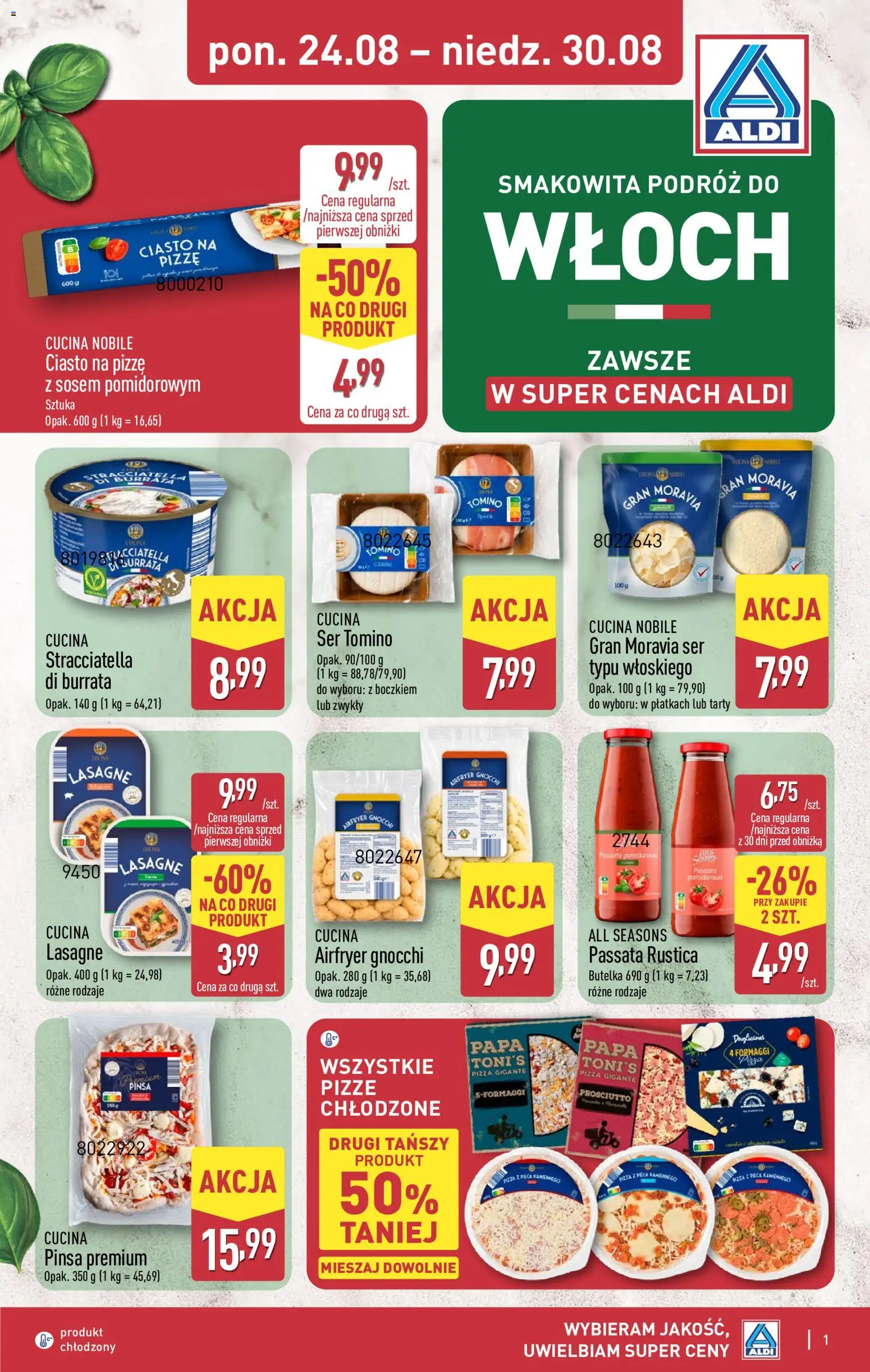 Aldi Polsko leták - Pełna oferta od 24.08.2026 | Strana: 1 | Produkty: Prosciutto, Burrata, Pinsa, Gnocchi