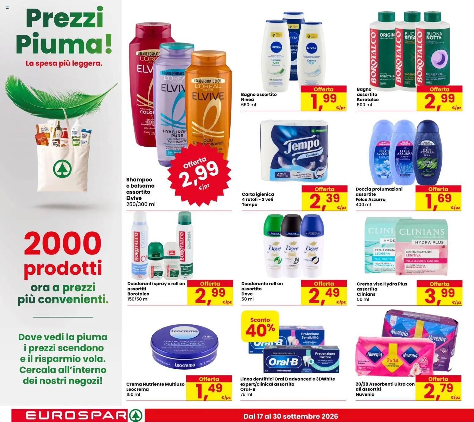 Volantino Eurospar del 17/09/2026 | Pagina: 22 | Prodotti: Shampoo, Carta igienica, Deodorante, Assorbenti