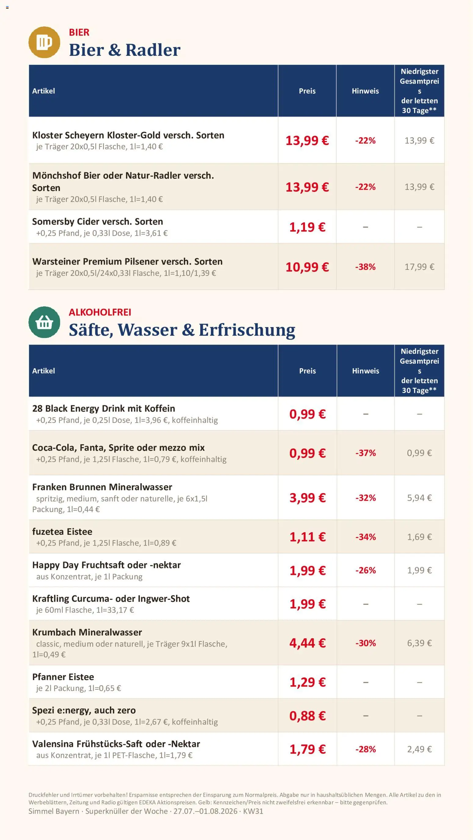 Simmel Bayern – gültig ab 27.07.2026 | Seite: 14 | Produkte: Monchshof, Bier, Pfanner eistee, Mineralwasser